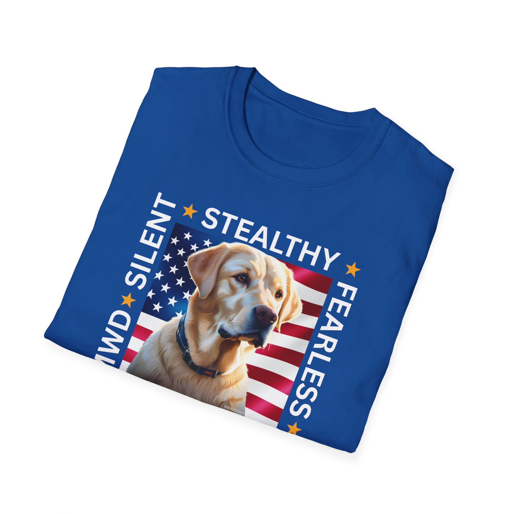 Copy of Military Working Dog T-Shirt — "MWD Silent • Stealthy • Fearless" American Flag K9 Tribute - Yellow Lab - Image 2