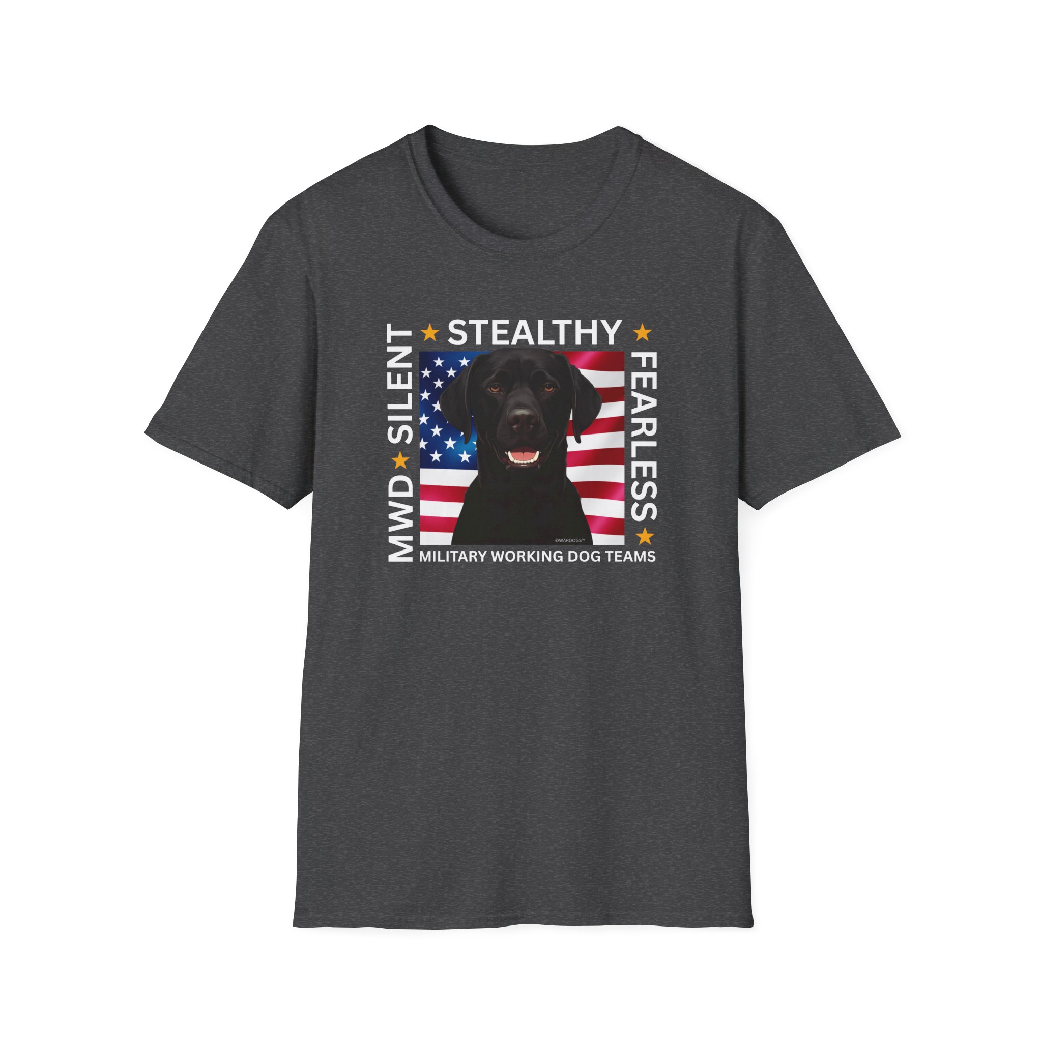 Military Working Dog T-Shirt — "MWD Silent • Stealthy • Fearless" American Flag K9 Tribute - Black Lab - Image 13