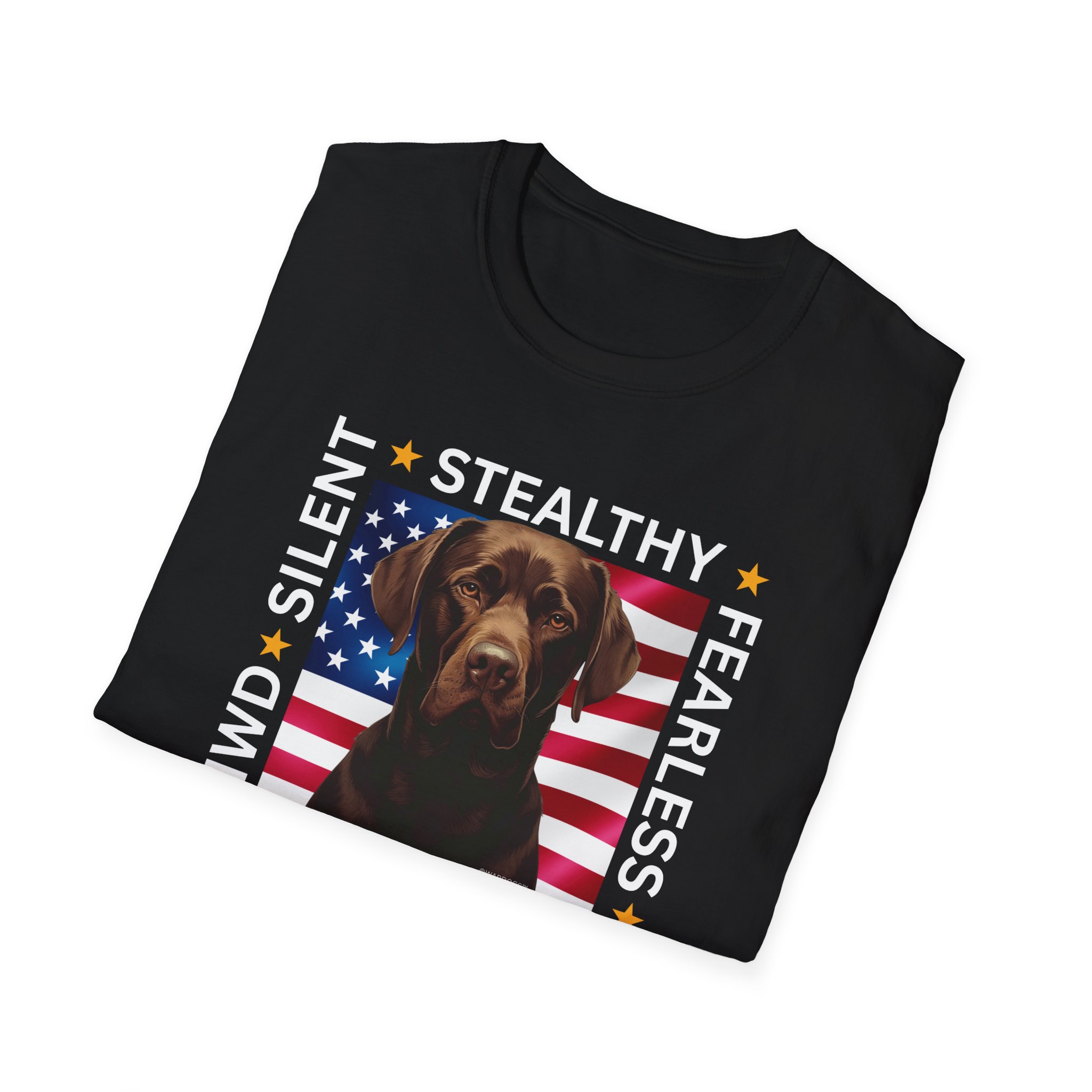 Military Working Dog T-Shirt — "MWD Silent • Stealthy • Fearless" American Flag K9 Tribute - Chocolate Lab - Image 6