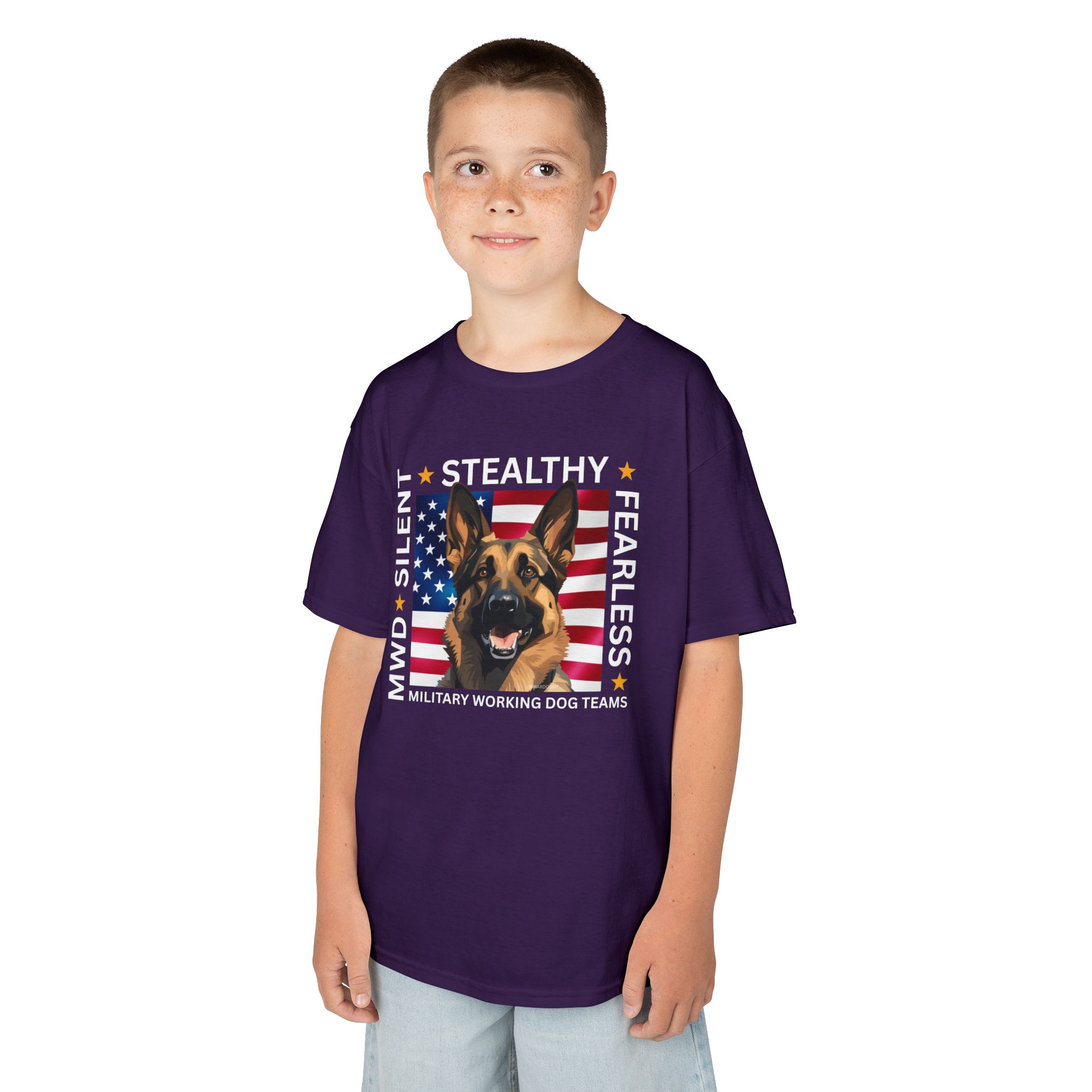Kids Military Working Dog Tee — "Silent • Stealthy • Fearless" American Flag K9 Shirt - Image 24
