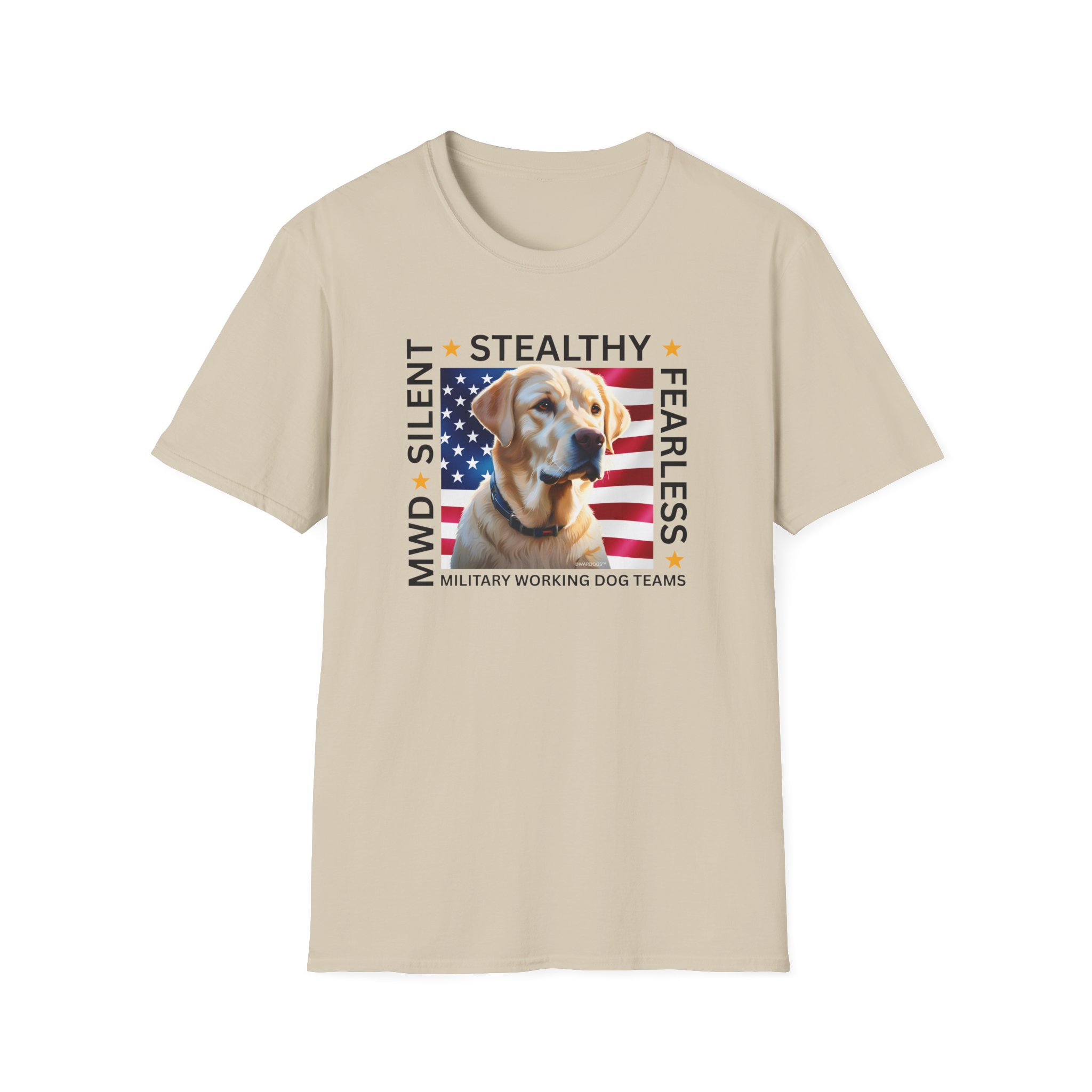 Military Working Dog T-Shirt — "MWD Silent • Stealthy • Fearless" American Flag K9 Tribute - Yellow Labrador - Image 5