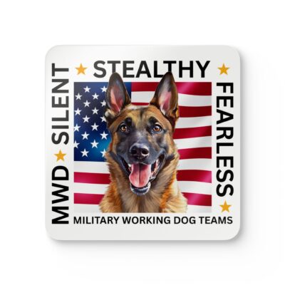 Military Working Dog Coaster Set – Malinois ‘Silent, Stealthy, Fearless’ Cork Drink Coasters – Set of Four