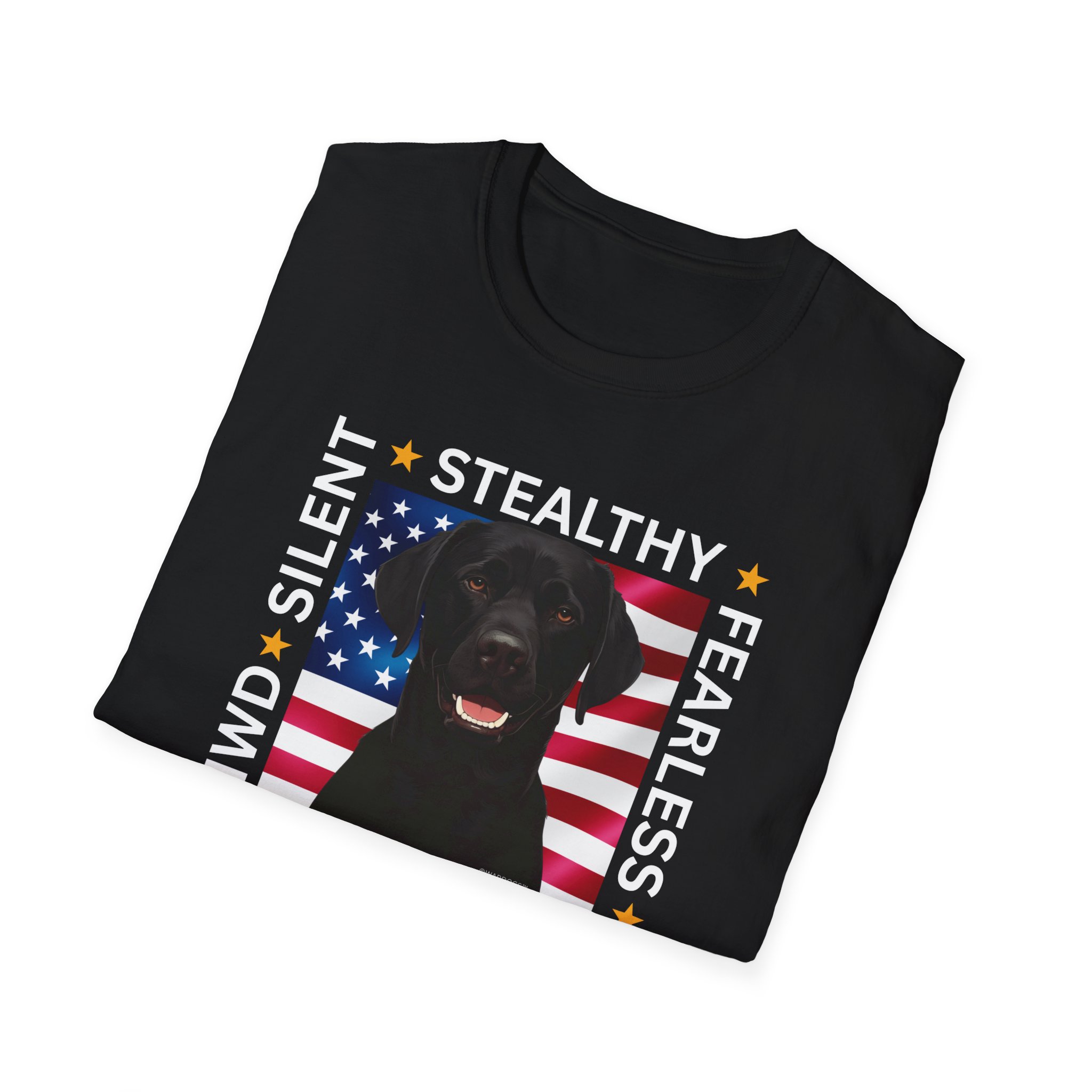 Military Working Dog T-Shirt — "MWD Silent • Stealthy • Fearless" American Flag K9 Tribute - Black Lab - Image 6