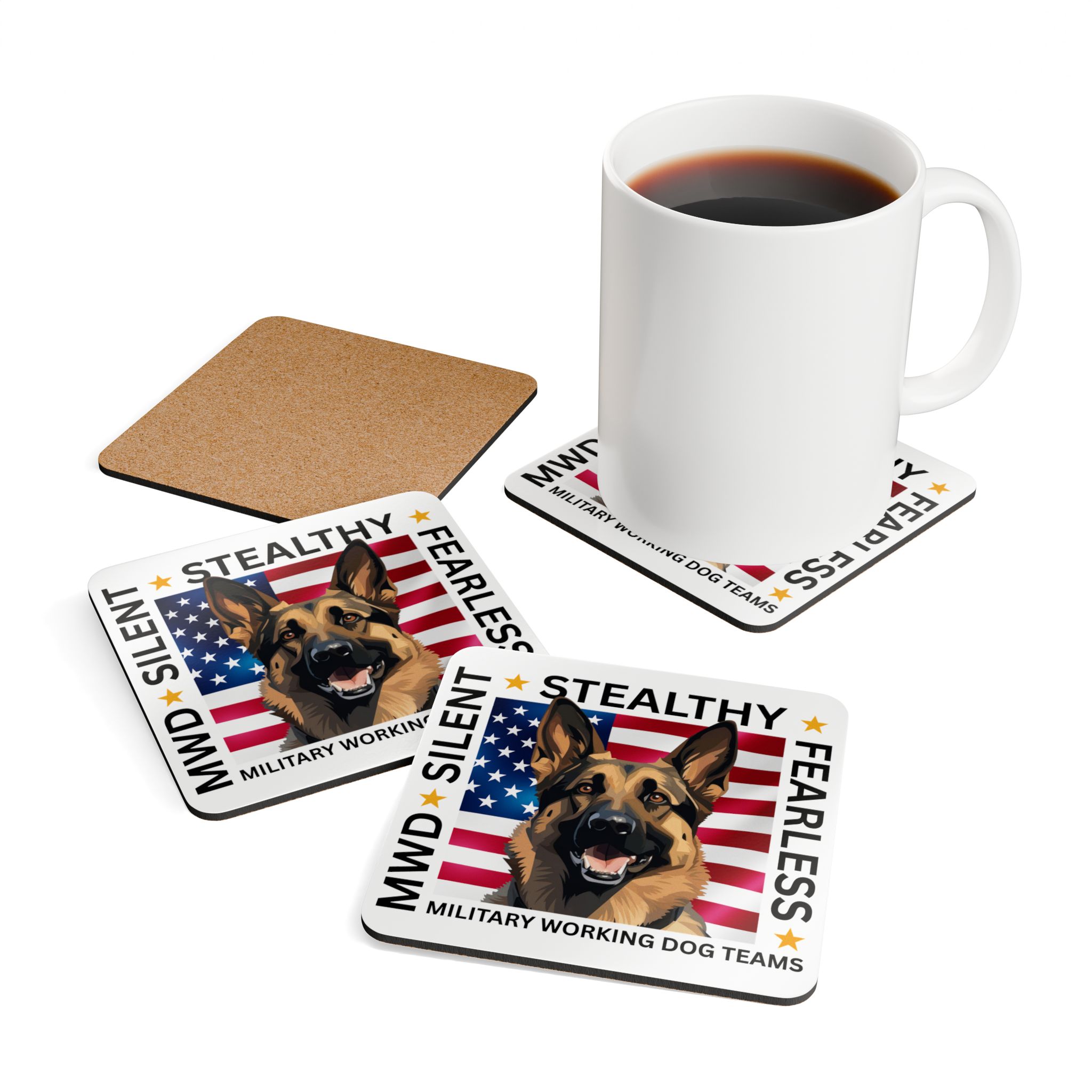 Military Working Dog Coaster Set — American Flag German Shepherd Cork Coasters - Set of Four - Image 4