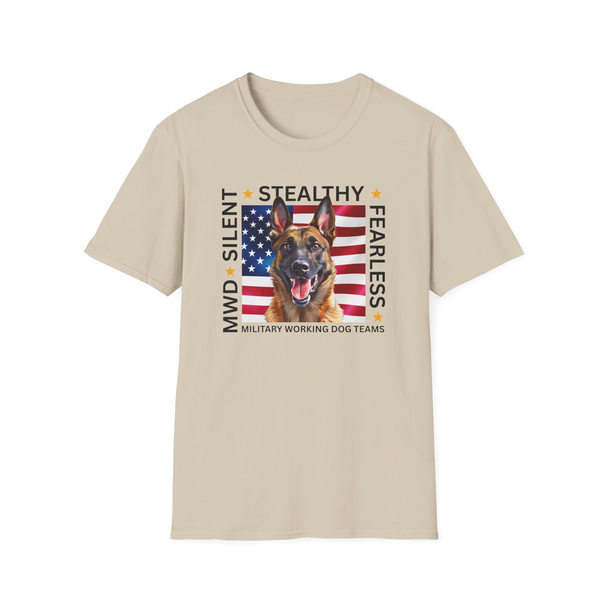 Military Working Dog T-Shirt — "MWD Silent • Stealthy • Fearless" American Flag K9 Tribute - Belgian Malinois - Image 5