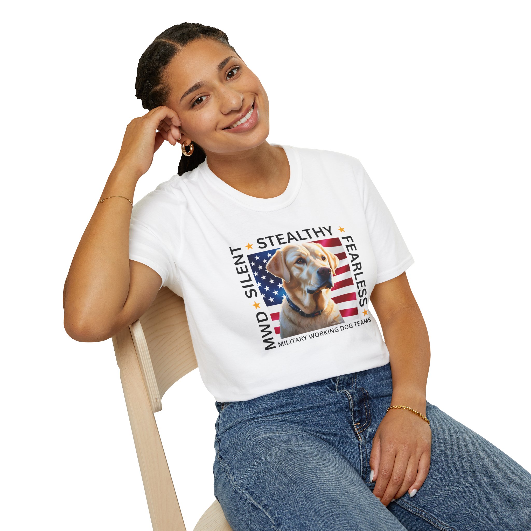 Military Working Dog T-Shirt — "MWD Silent • Stealthy • Fearless" American Flag K9 Tribute - Yellow Labrador - Image 4