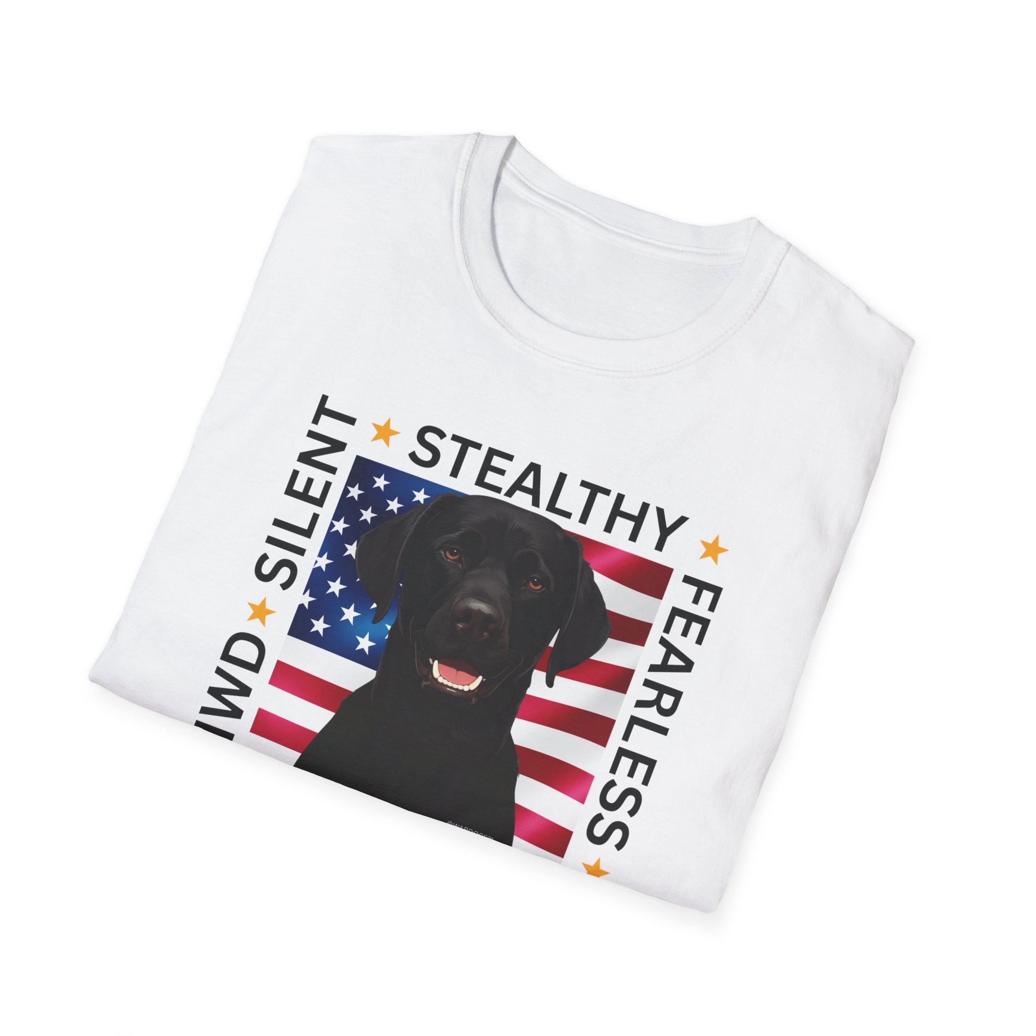Military Working Dog T-Shirt — "MWD Silent • Stealthy • Fearless" American Flag K9 Tribute - Black Lab - Image 6