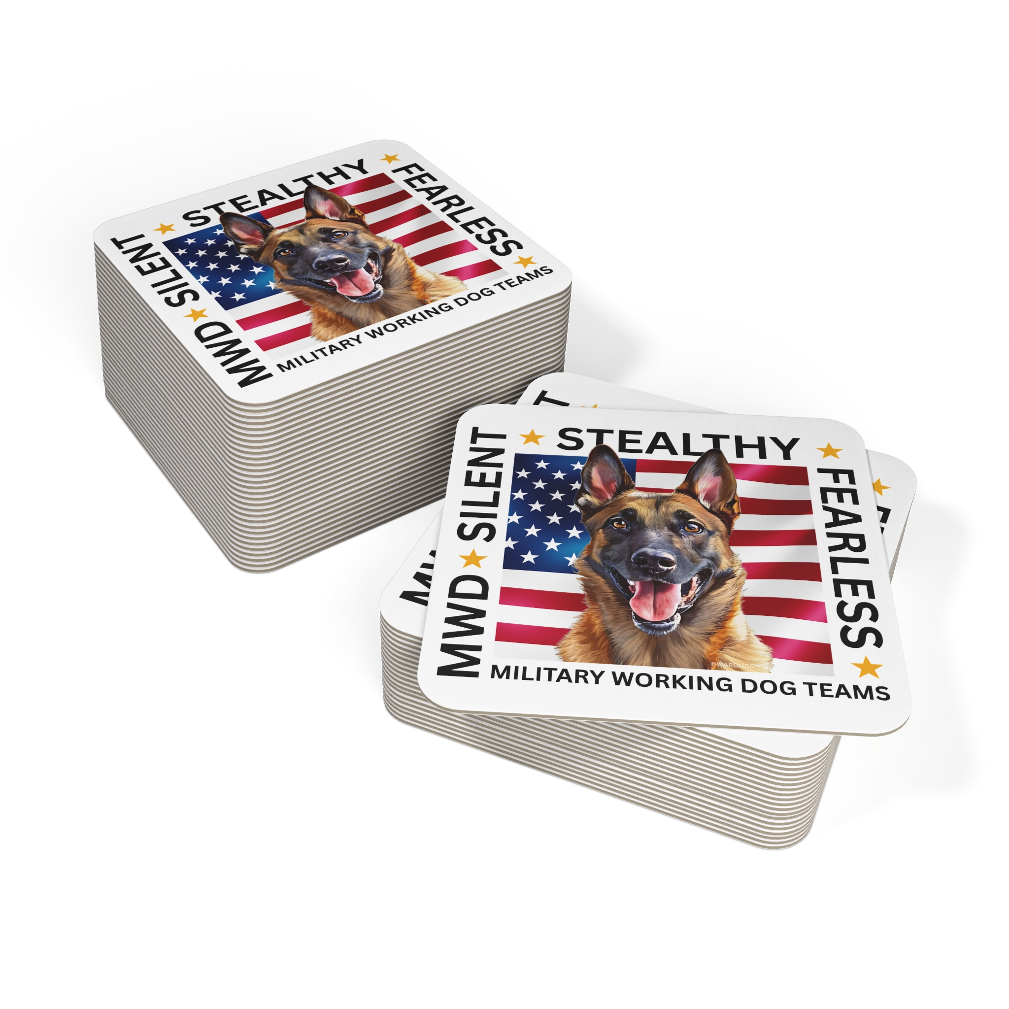 Military Working Dog Belgian Malinois — 'Silent • Stealthy • Fearless' American Flag K9 Drink Coasters (Set of 50/100) - Image 3