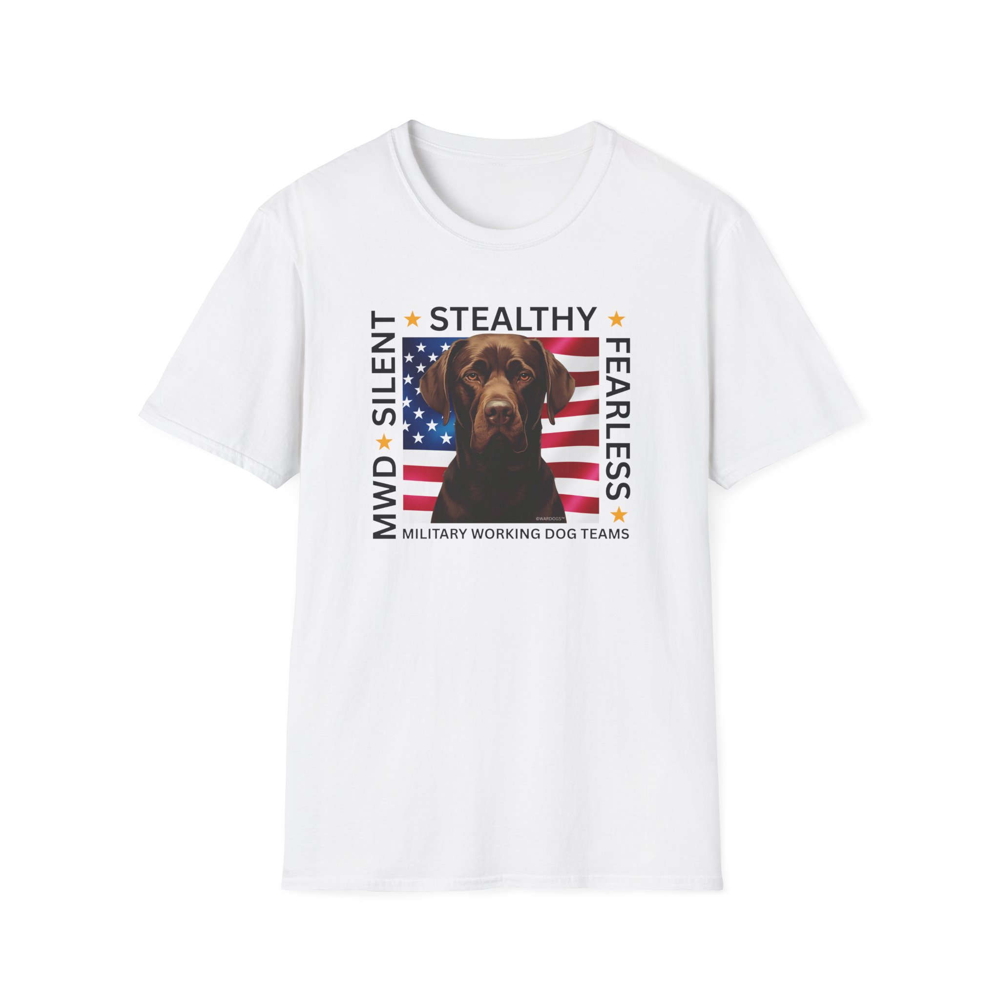Military Working Dog T-Shirt — "MWD Silent • Stealthy • Fearless" American Flag K9 Tribute - Chocolate Lab - Image 9