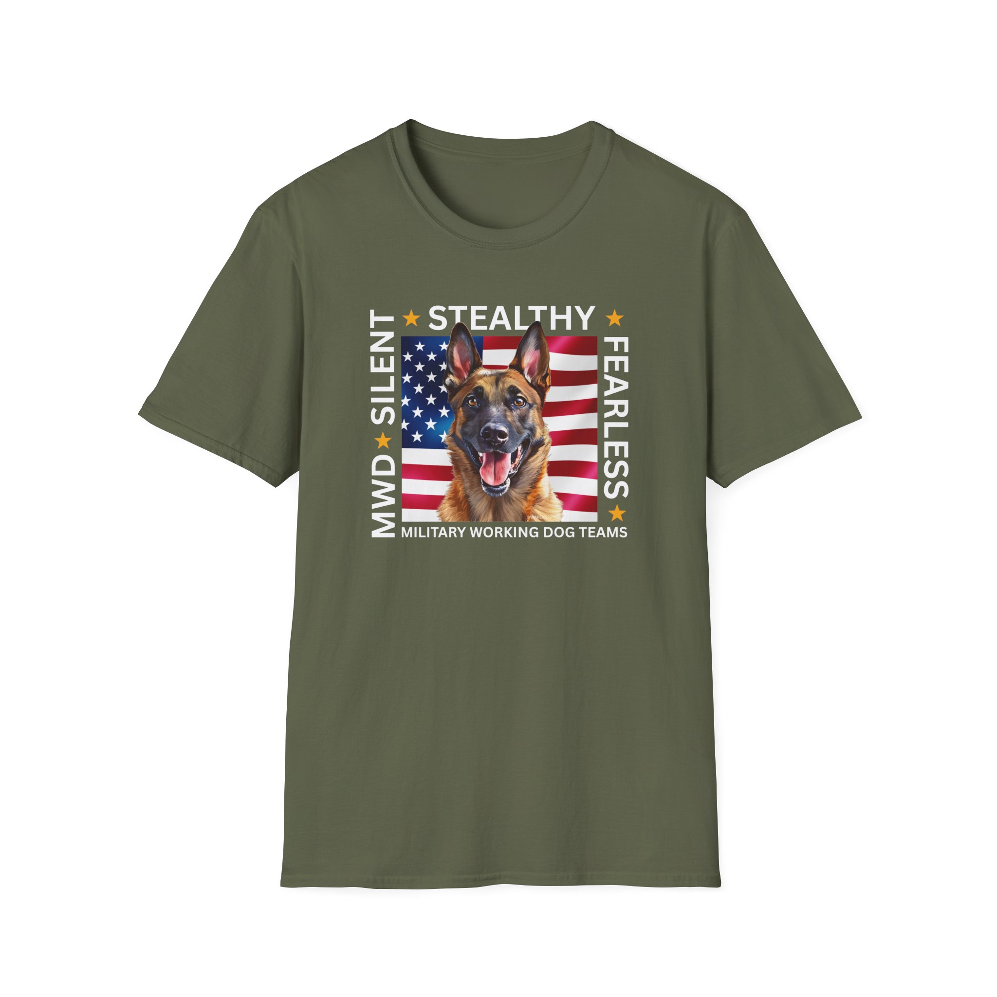Military Working Dog T-Shirt — "MWD Silent • Stealthy • Fearless" American Flag K9 Tribute - Belgian Malinois - Image 5