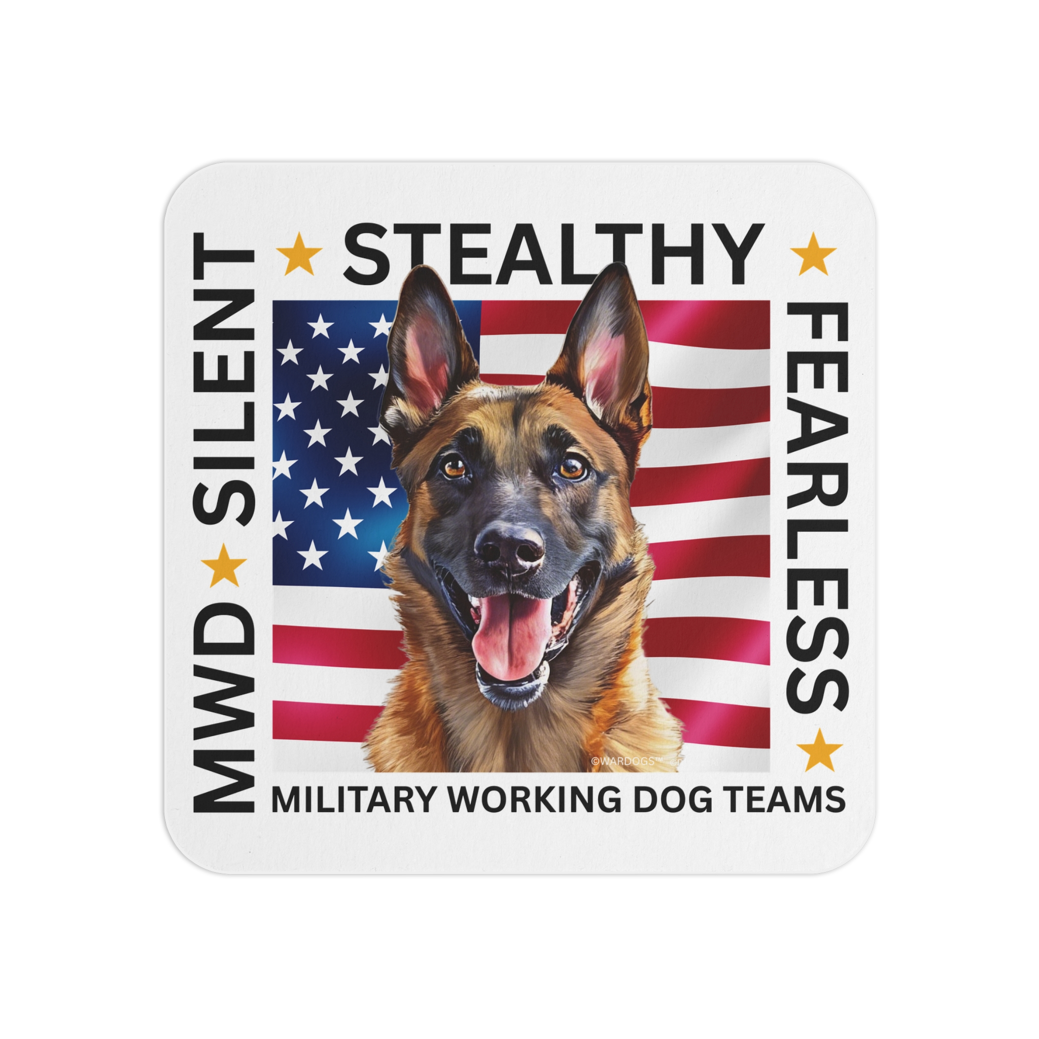 Military Working Dog Belgian Malinois — 'Silent • Stealthy • Fearless' American Flag K9 Drink Coasters (Set of 50/100)