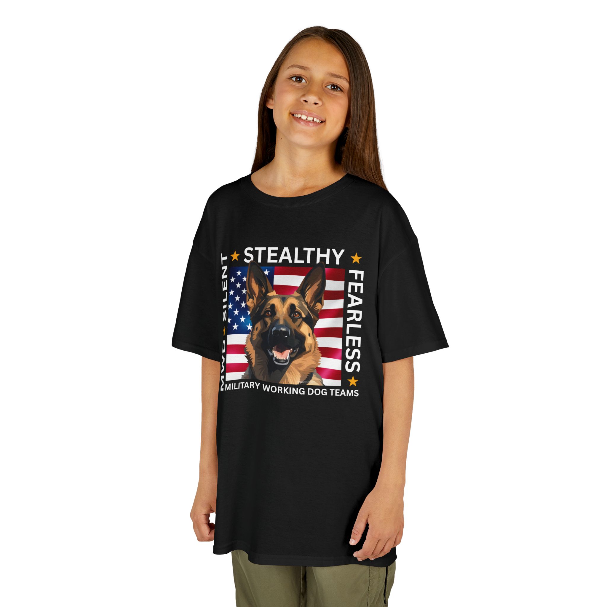 Kids Military Working Dog Tee — "Silent • Stealthy • Fearless" American Flag K9 Shirt - Image 6