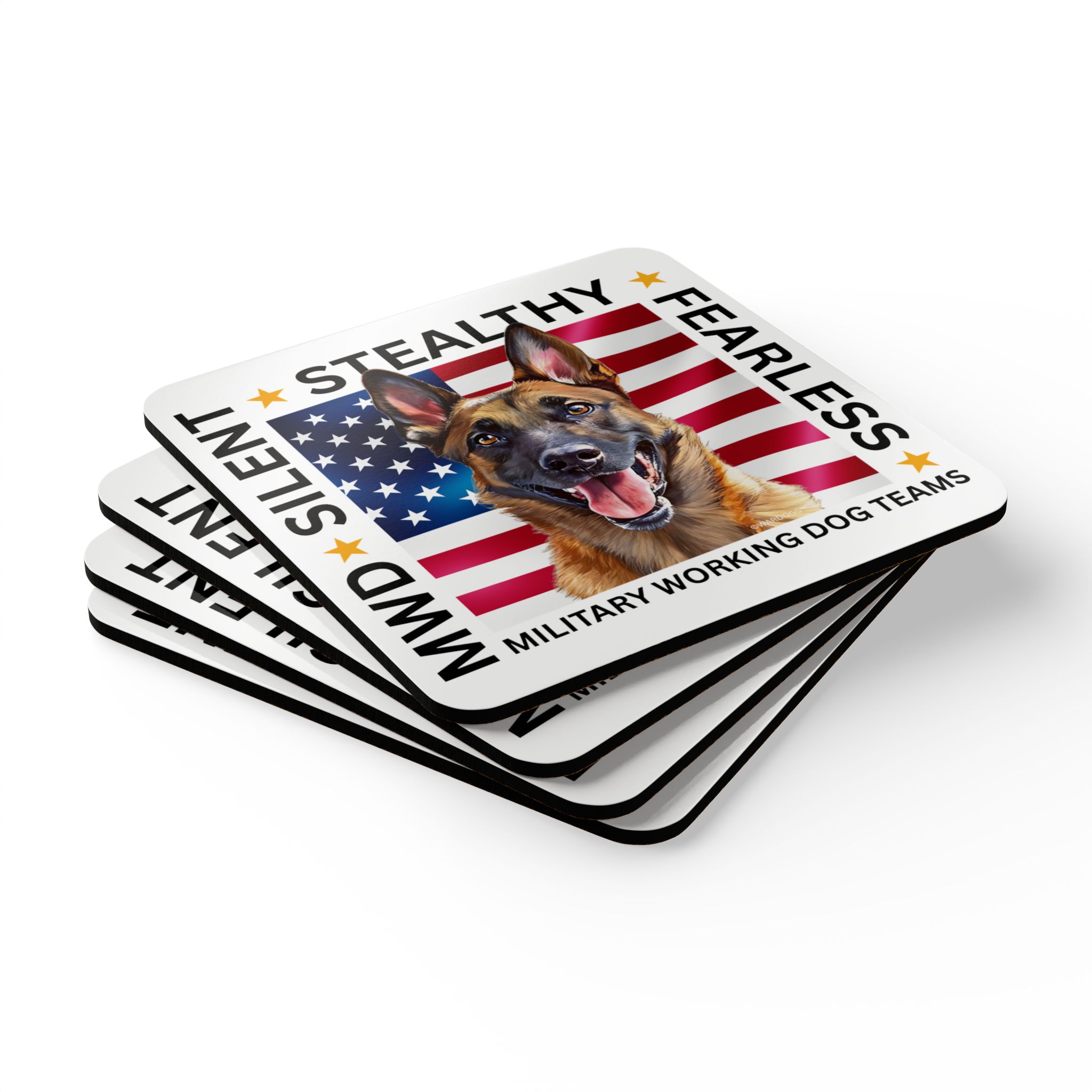 Military Working Dog Coaster Set – Malinois ‘Silent, Stealthy, Fearless’ Cork Drink Coasters - Set of Four - Image 3