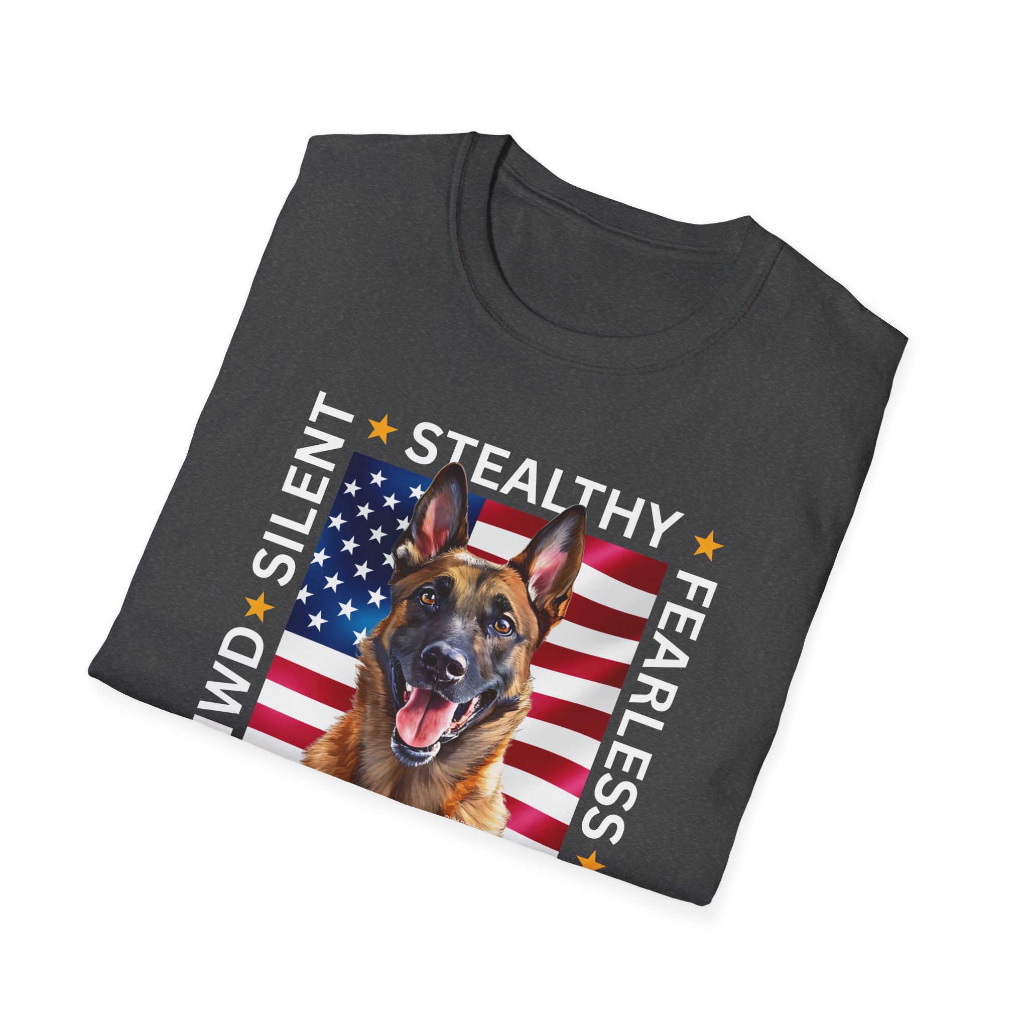 Military Working Dog T-Shirt — "MWD Silent • Stealthy • Fearless" American Flag K9 Tribute - Belgian Malinois - Image 10