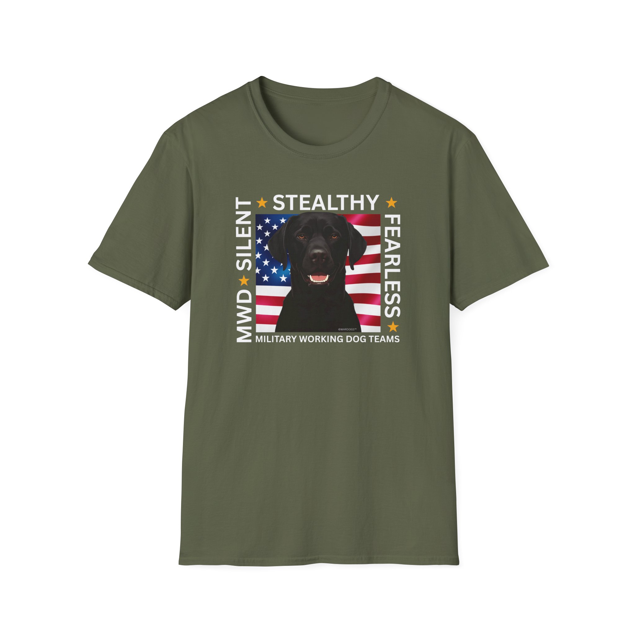 Military Working Dog T-Shirt — "MWD Silent • Stealthy • Fearless" American Flag K9 Tribute - Black Lab - Image 9