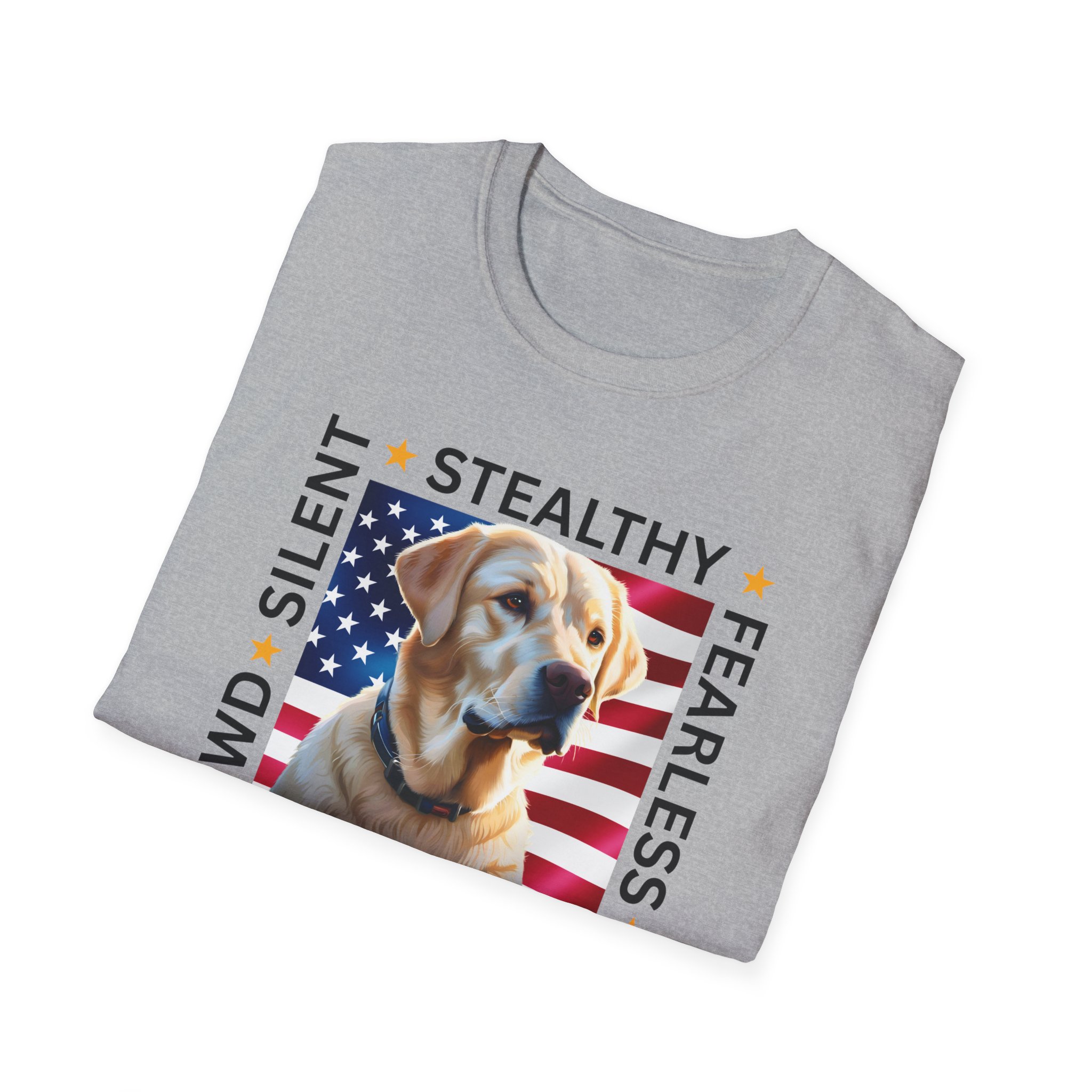 Military Working Dog T-Shirt — "MWD Silent • Stealthy • Fearless" American Flag K9 Tribute - Yellow Lab - Image 2