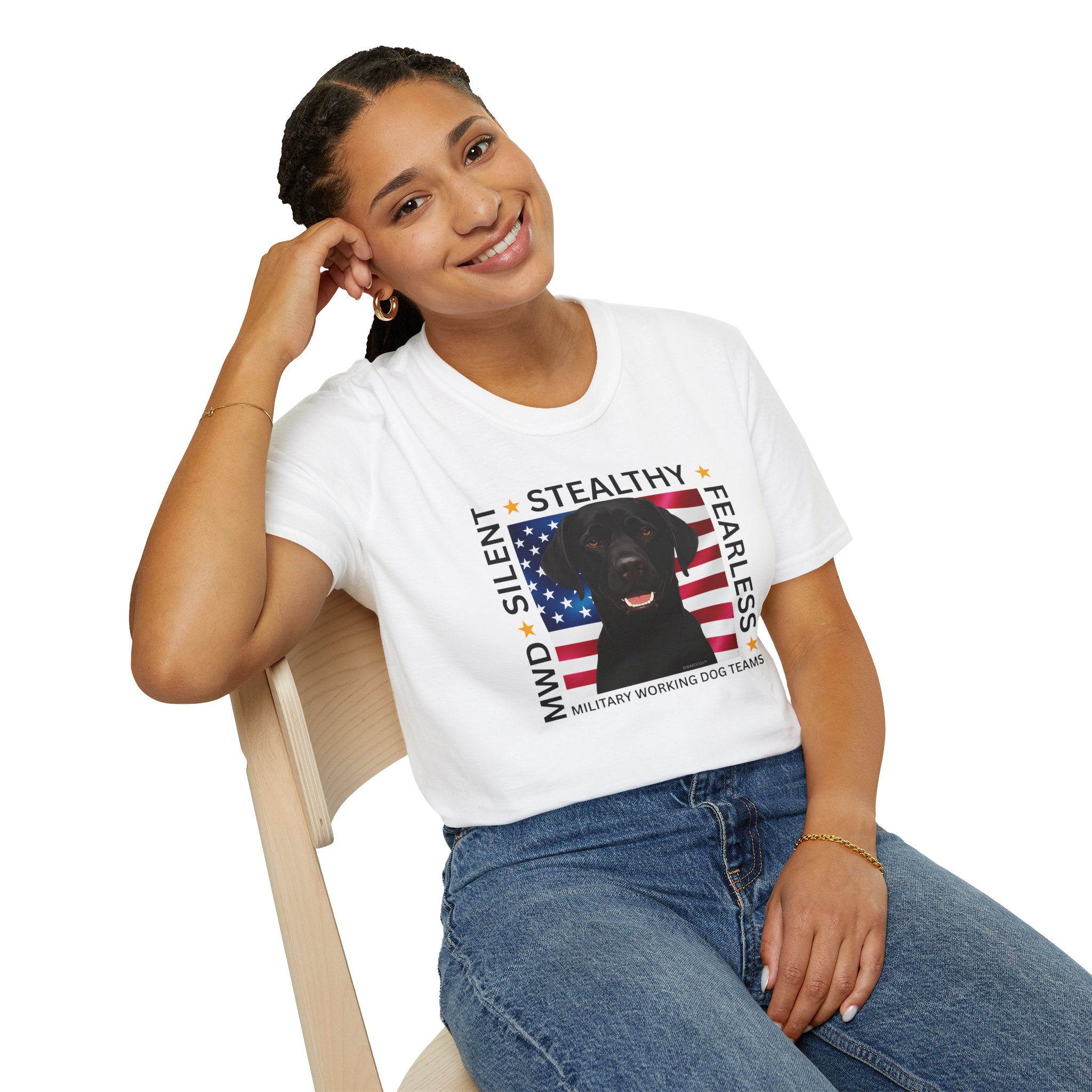 Military Working Dog T-Shirt — "MWD Silent • Stealthy • Fearless" American Flag K9 Tribute - Black Lab - Image 8