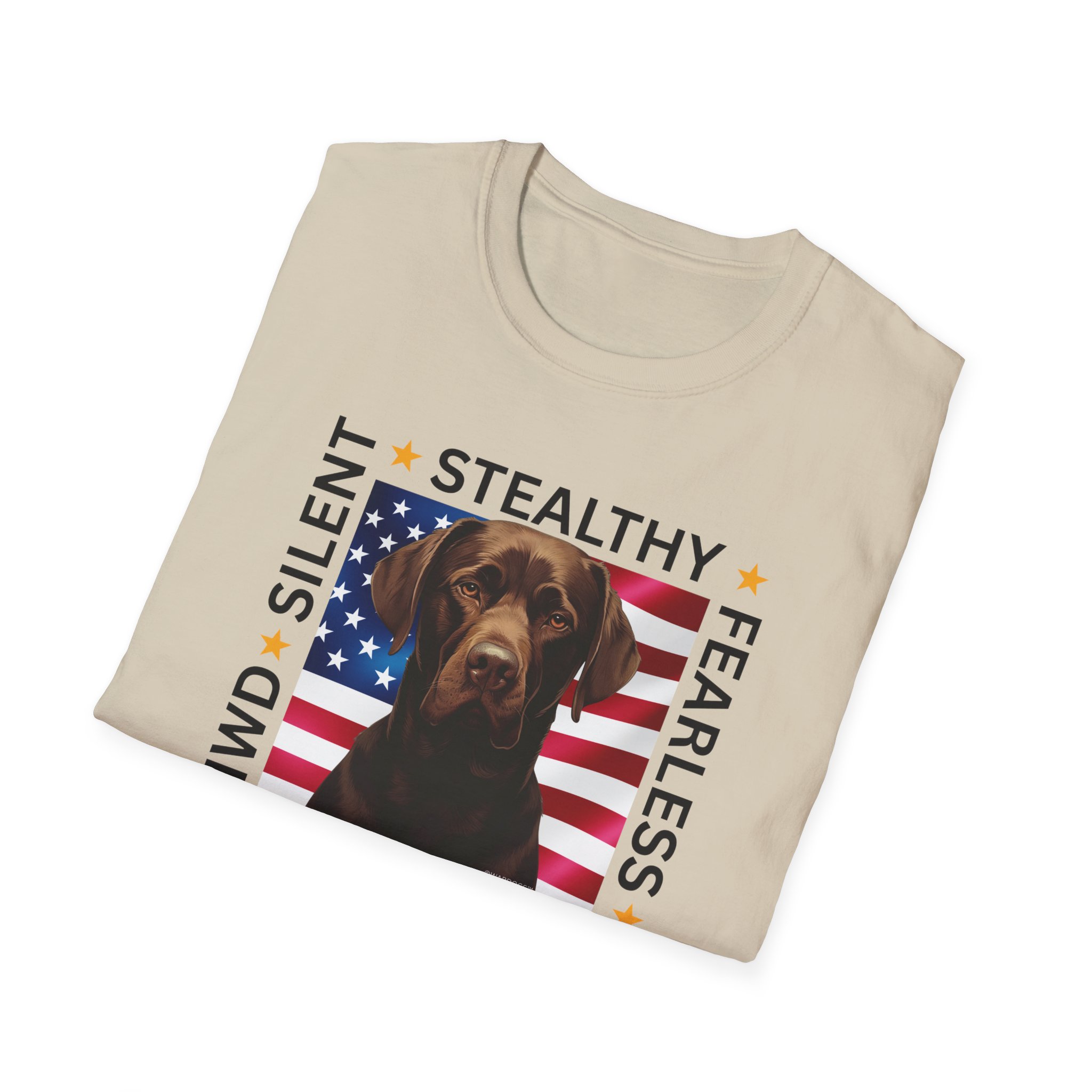 Military Working Dog T-Shirt — "MWD Silent • Stealthy • Fearless" American Flag K9 Tribute - Chocolate Lab - Image 2