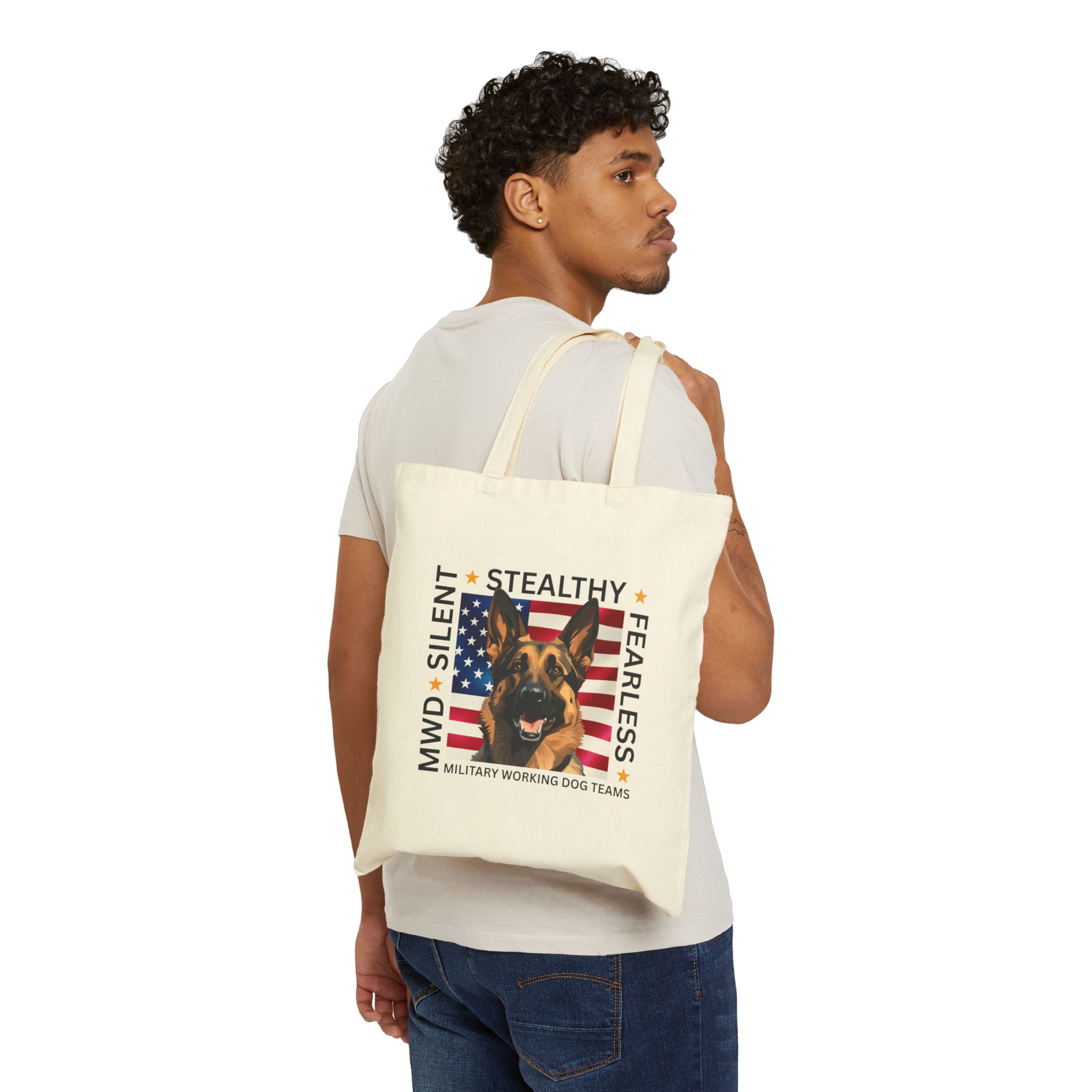 Military Working Dog Tote Bag – 'Silent • Stealthy • Fearless' American Flag Canvas Tote - Image 2
