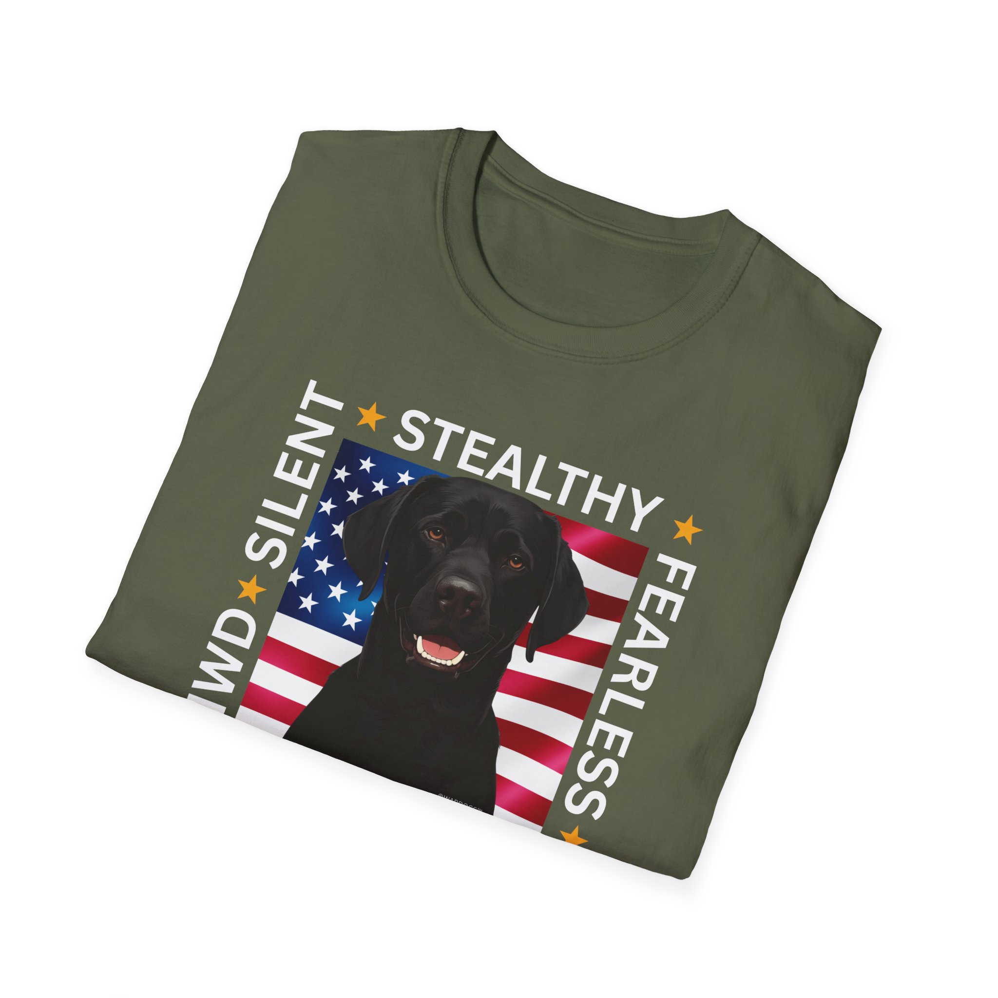 Military Working Dog T-Shirt — "MWD Silent • Stealthy • Fearless" American Flag K9 Tribute - Black Lab - Image 10