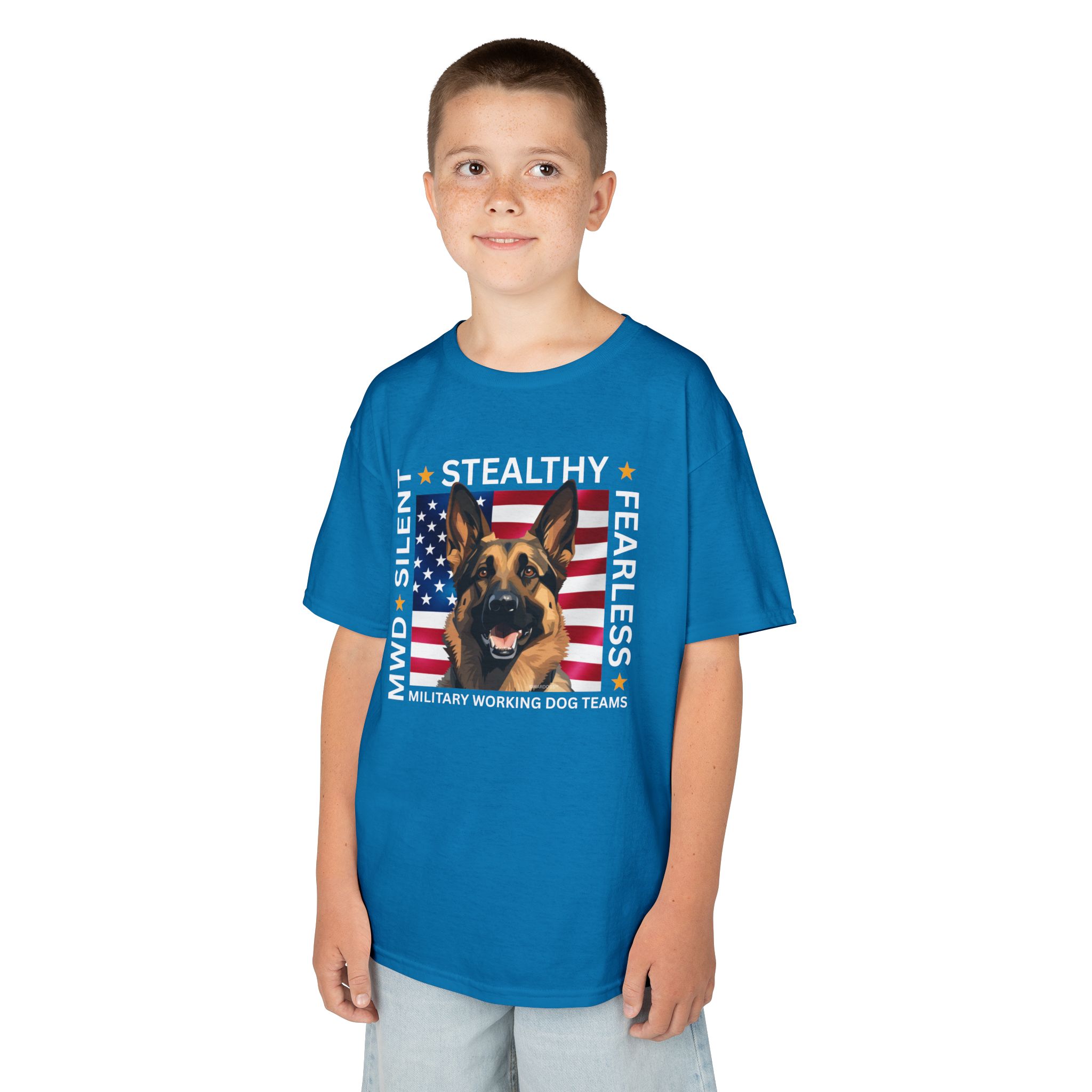 Kids Military Working Dog Tee — "Silent • Stealthy • Fearless" American Flag K9 Shirt - Image 11
