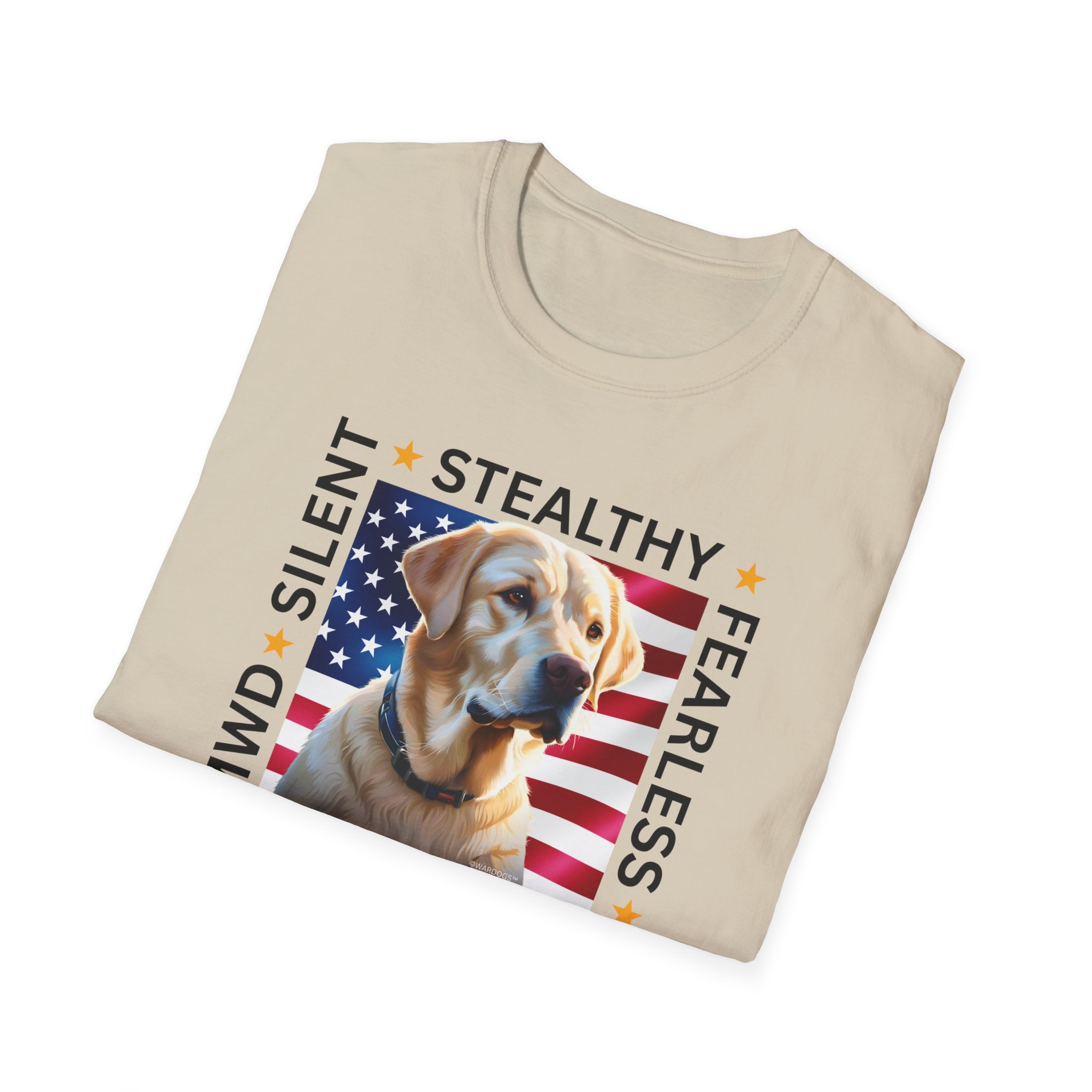 Military Working Dog T-Shirt — "MWD Silent • Stealthy • Fearless" American Flag K9 Tribute - Yellow Labrador - Image 6