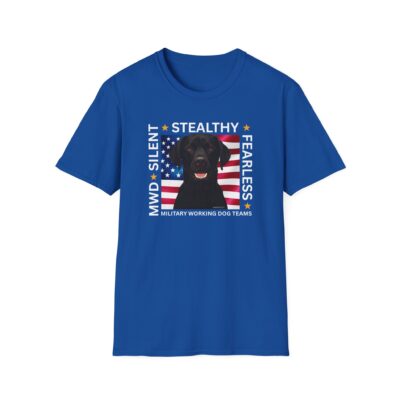 Military Working Dog T-Shirt — “MWD Silent • Stealthy • Fearless” American Flag K9 Tribute – Black Lab