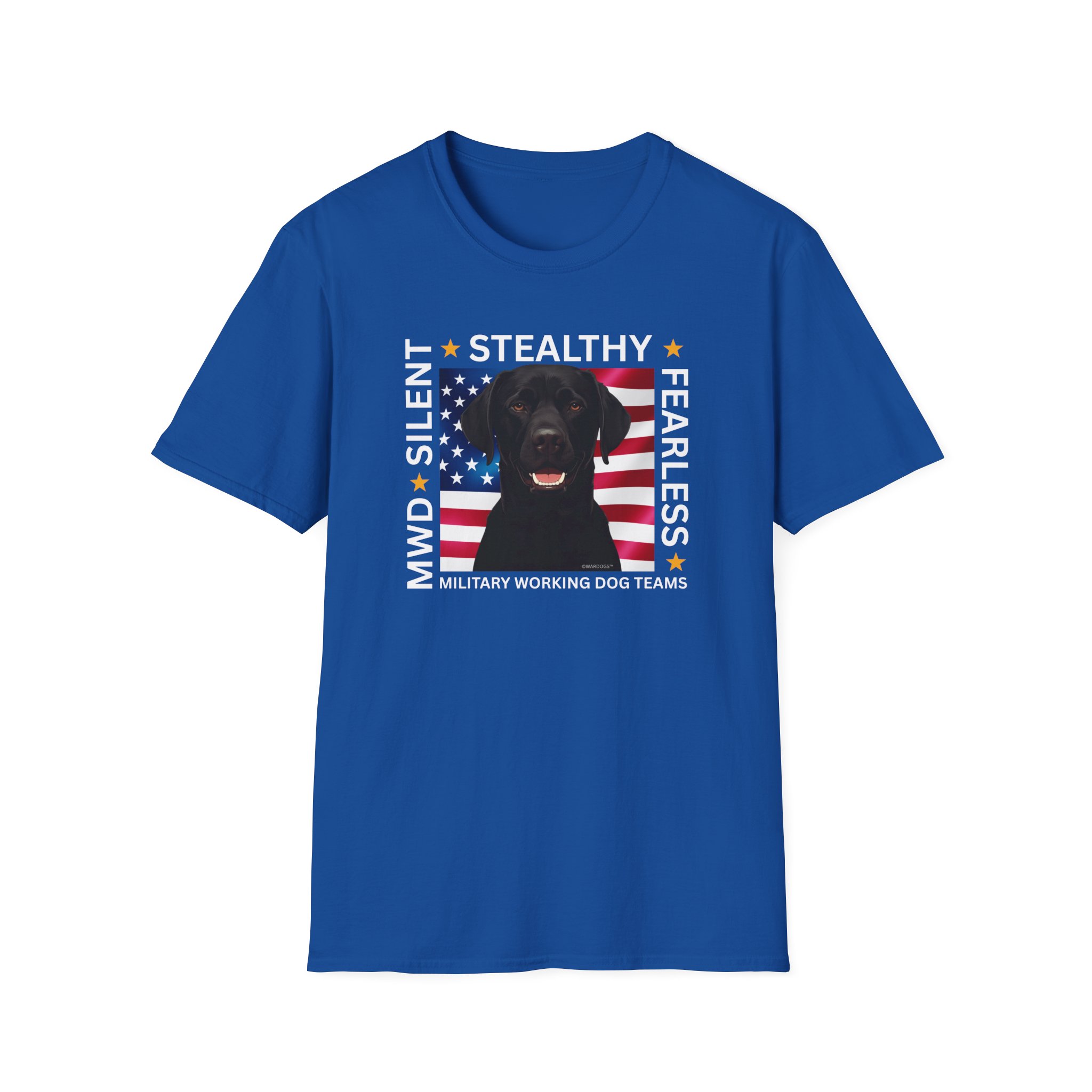 Military Working Dog T-Shirt — "MWD Silent • Stealthy • Fearless" American Flag K9 Tribute - Black Lab