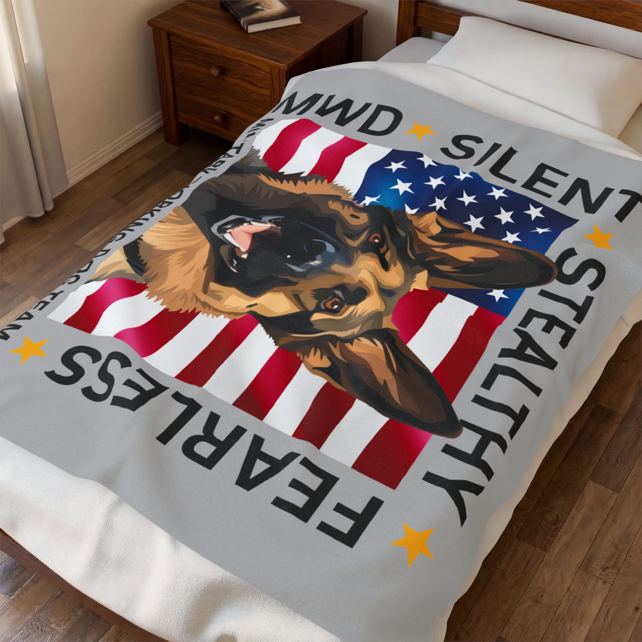 Velveteen Plush Blanket — Military Working Dog K9 Design with American Flag ("Silent, Stealthy, Fearless") - Image 2