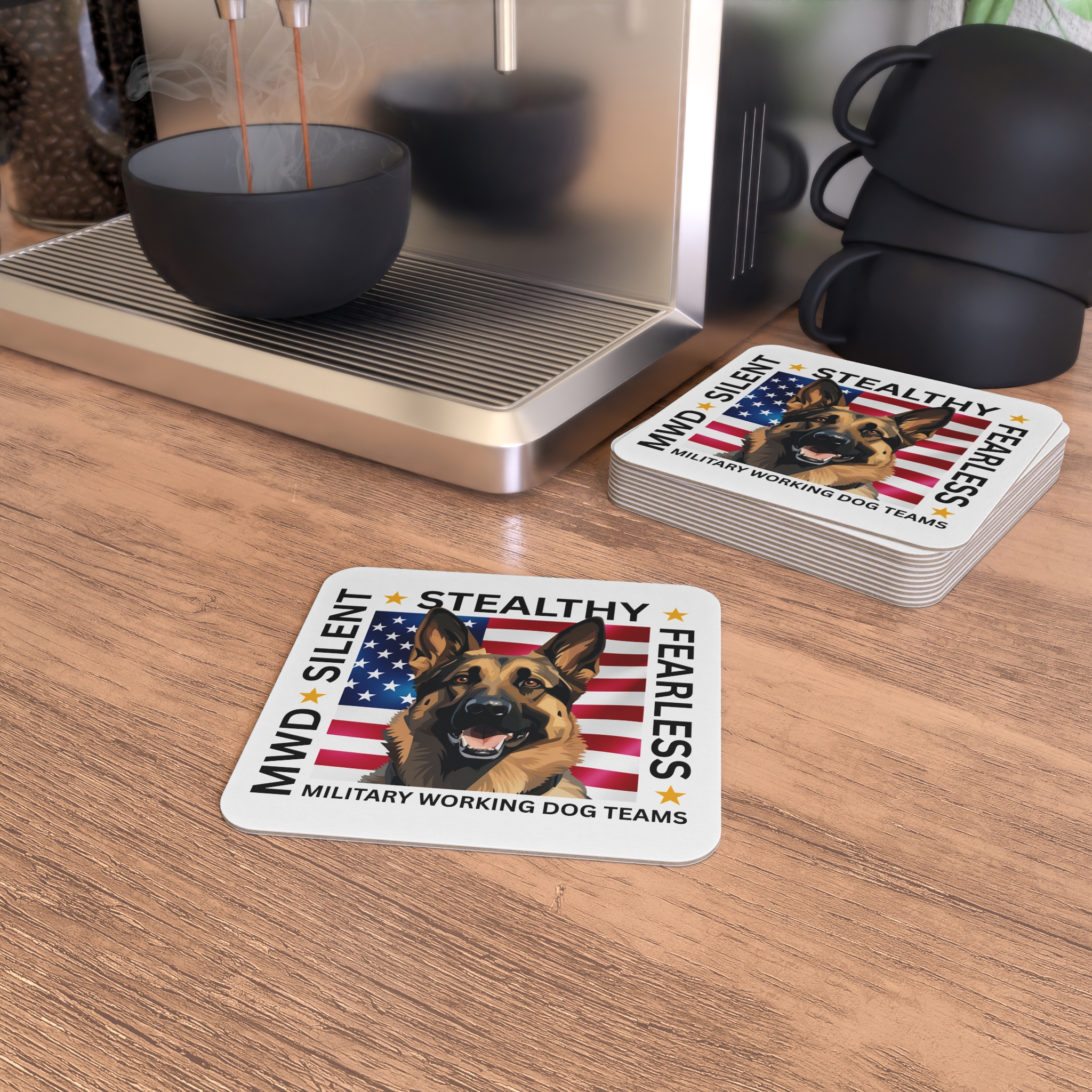 Military Working Dog Coasters – 'Silent Stealthy Fearless' German Shepherd Flag Drink Coasters (Set of 50/100) - Image 4
