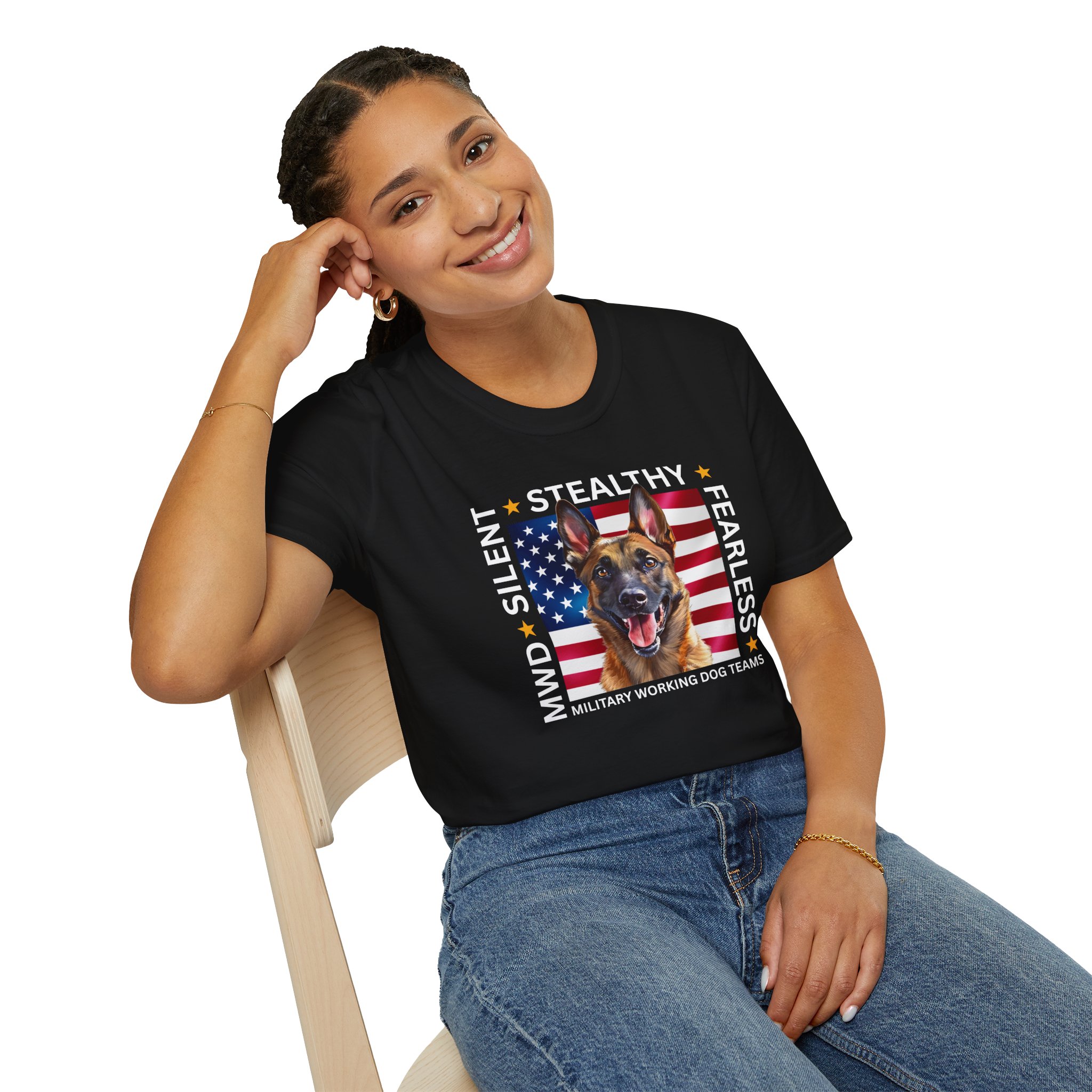 Military Working Dog T-Shirt — "MWD Silent • Stealthy • Fearless" American Flag K9 Tribute - Belgian Malinois - Image 4