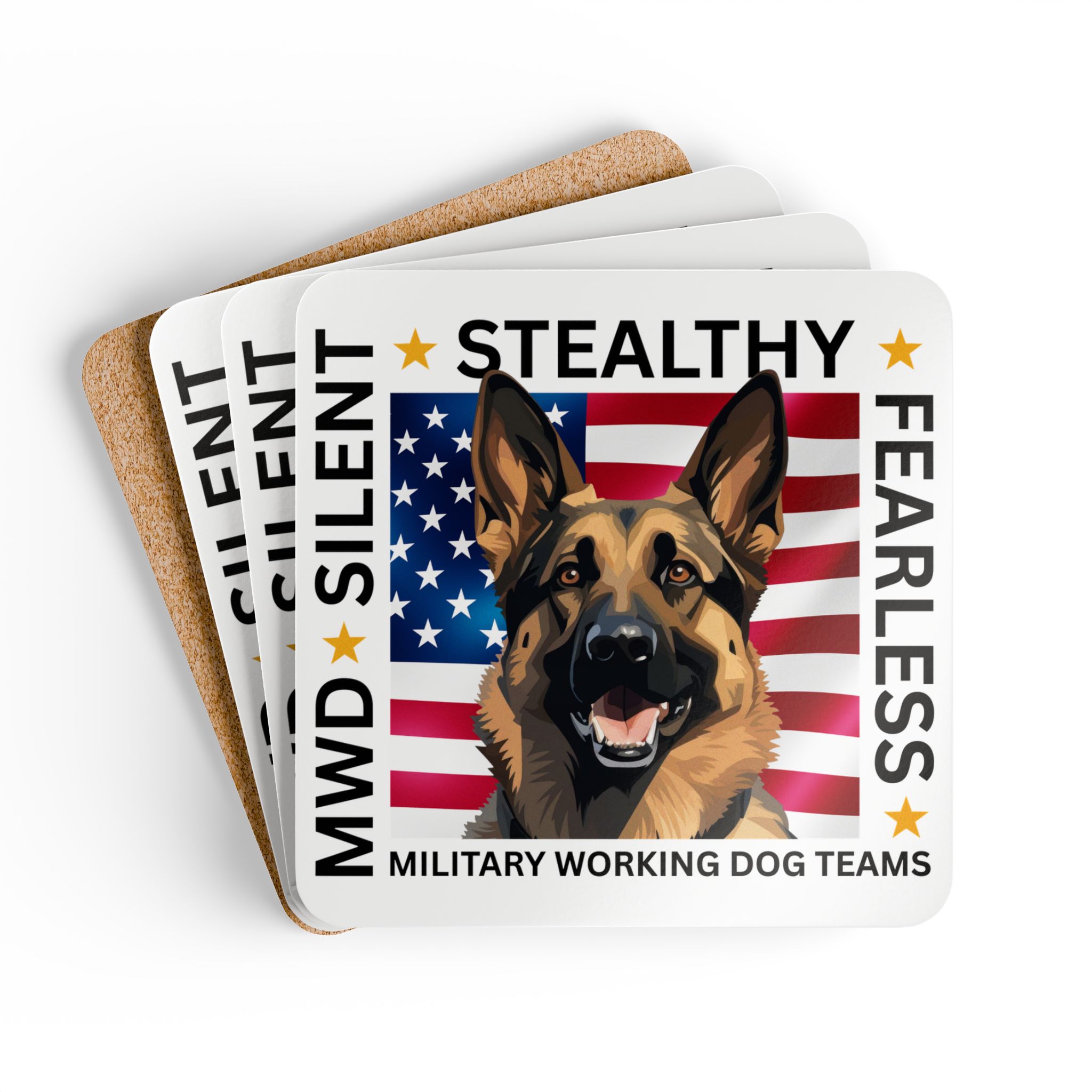 Military Working Dog Coaster Set — American Flag German Shepherd Cork Coasters - Set of Four - Image 6