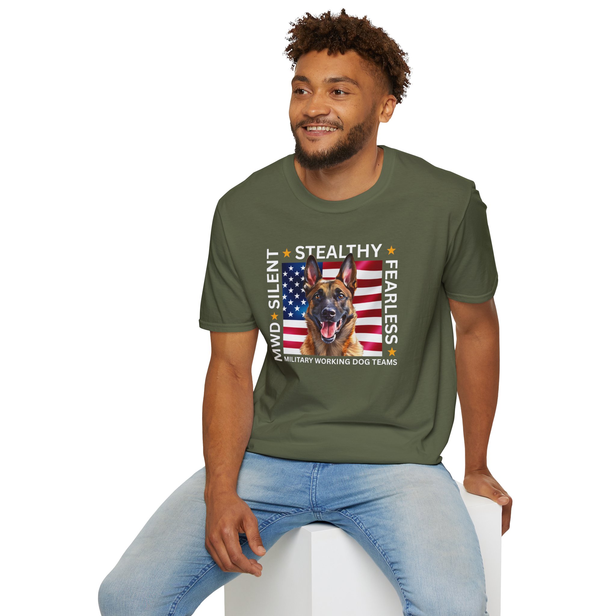 Military Working Dog T-Shirt — "MWD Silent • Stealthy • Fearless" American Flag K9 Tribute - Belgian Malinois - Image 7
