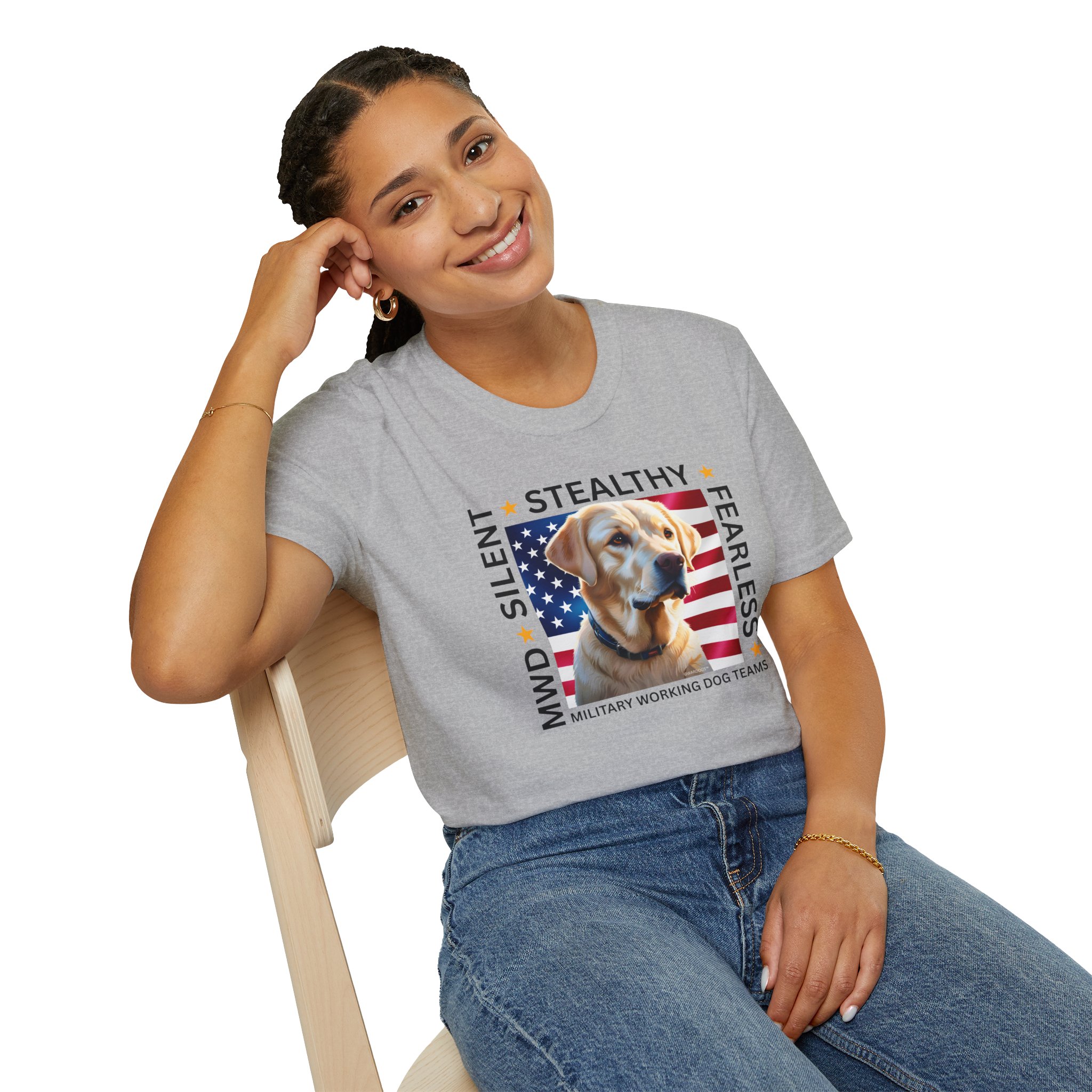 Military Working Dog T-Shirt — "MWD Silent • Stealthy • Fearless" American Flag K9 Tribute - Yellow Lab - Image 4