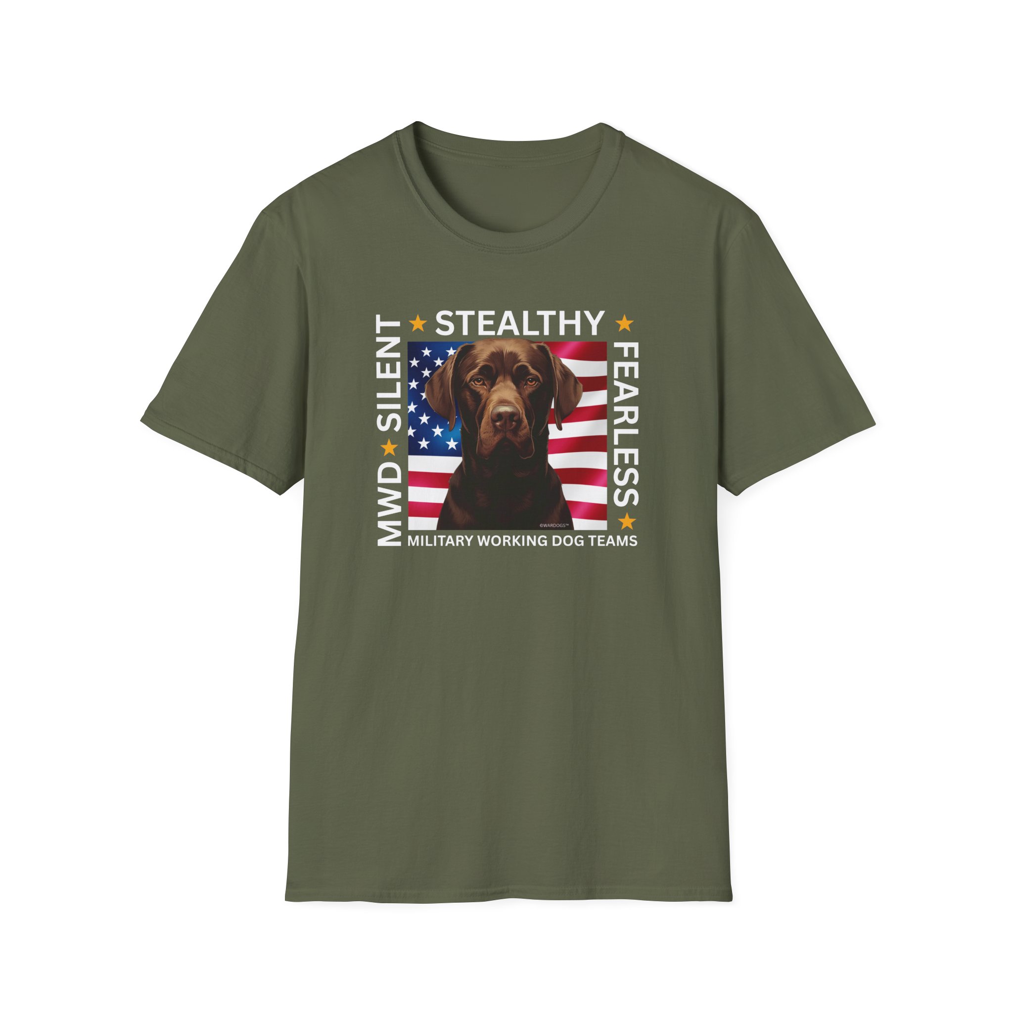 Military Working Dog T-Shirt — "MWD Silent • Stealthy • Fearless" American Flag K9 Tribute - Chocolate Lab