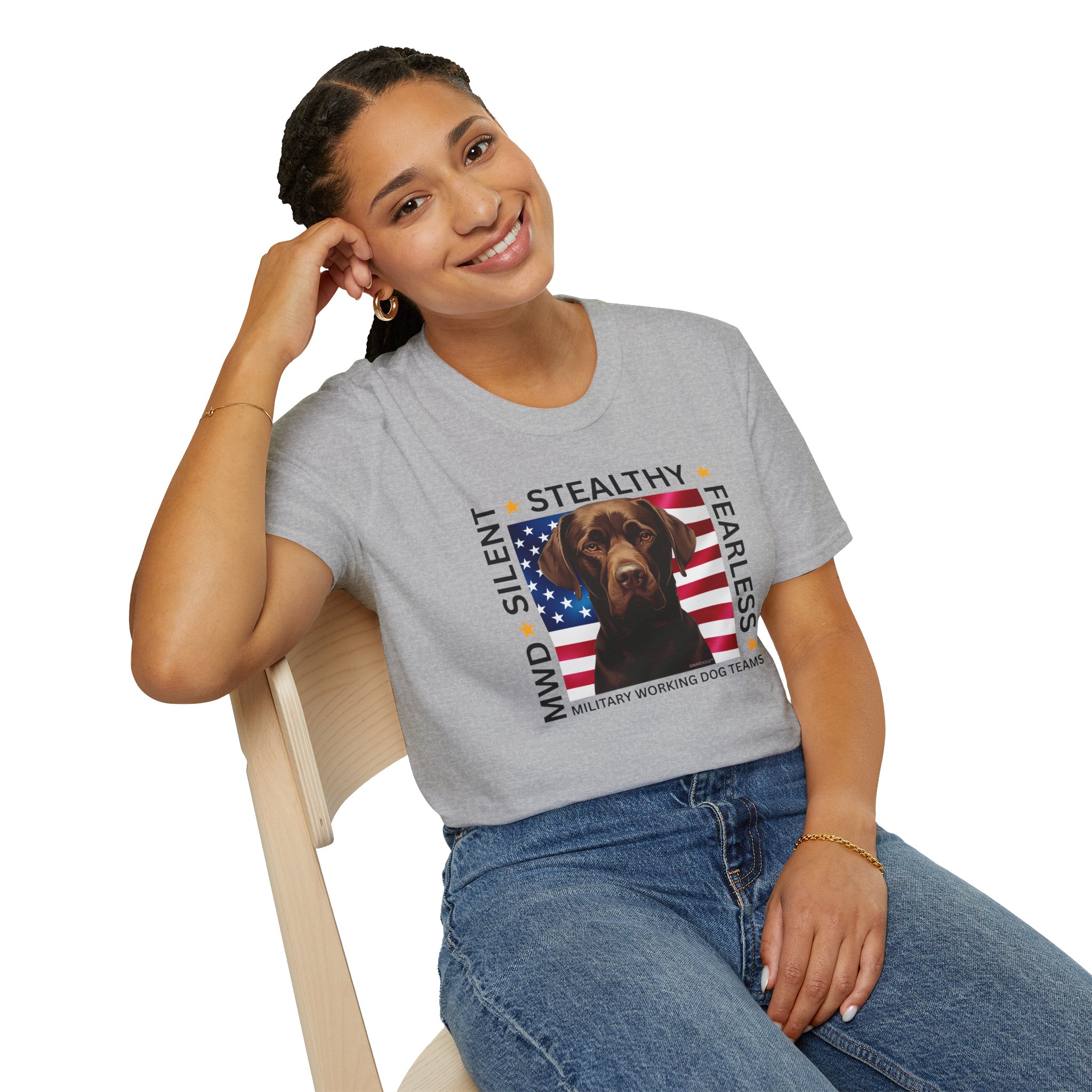 Military Working Dog T-Shirt — "MWD Silent • Stealthy • Fearless" American Flag K9 Tribute - Chocolate Lab - Image 8