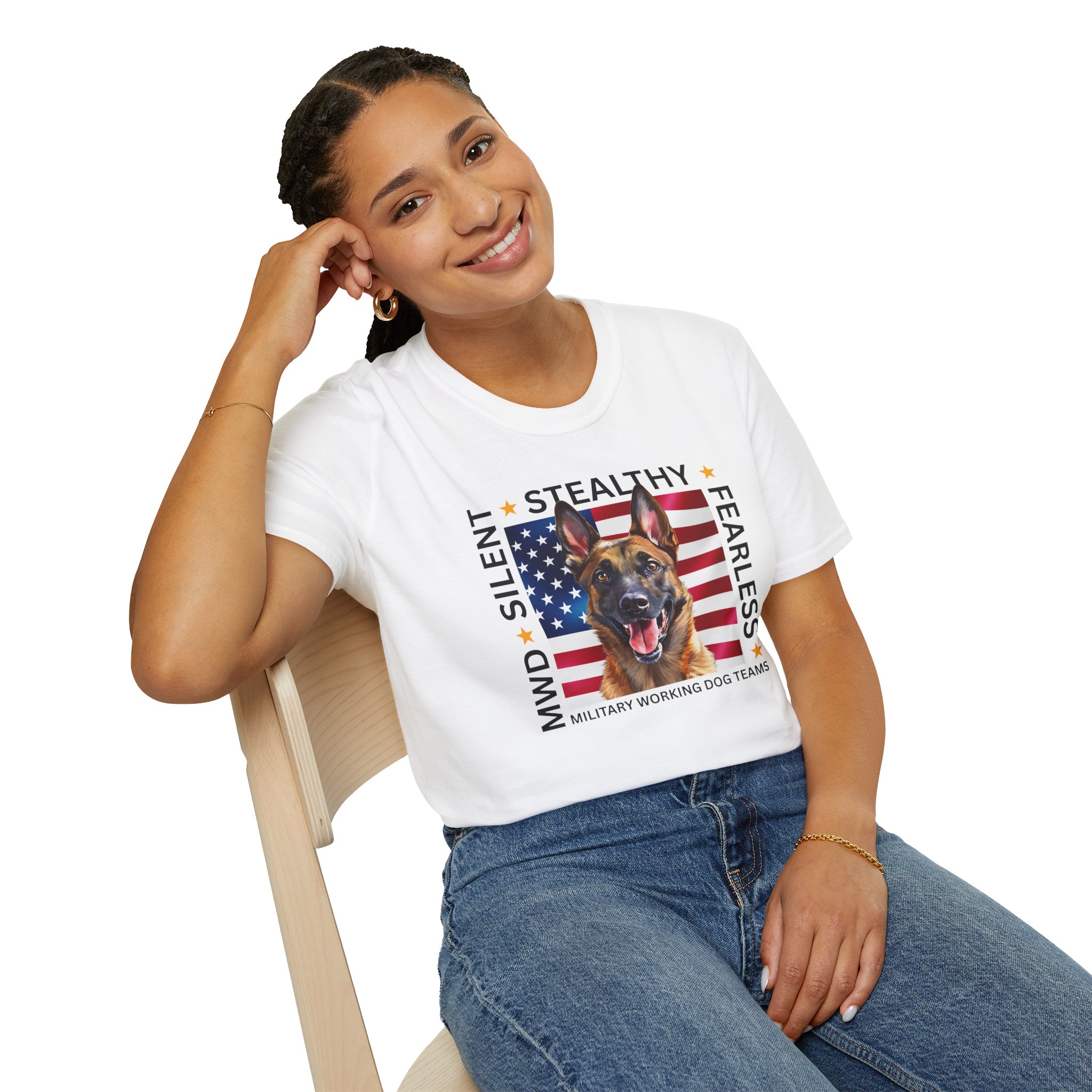 Military Working Dog T-Shirt — "MWD Silent • Stealthy • Fearless" American Flag K9 Tribute - Belgian Malinois - Image 4