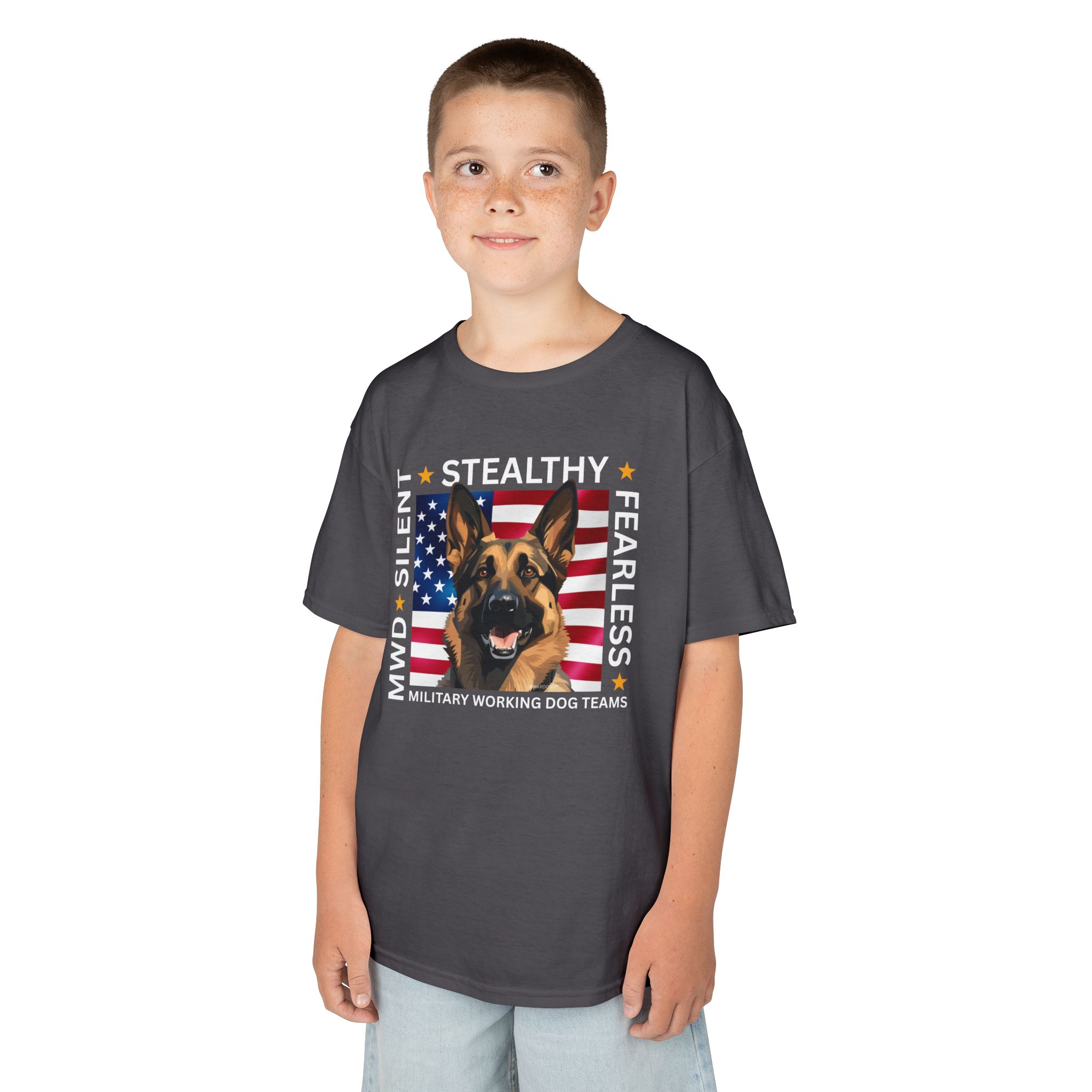 Kids Military Working Dog Tee — "Silent • Stealthy • Fearless" American Flag K9 Shirt - Image 2