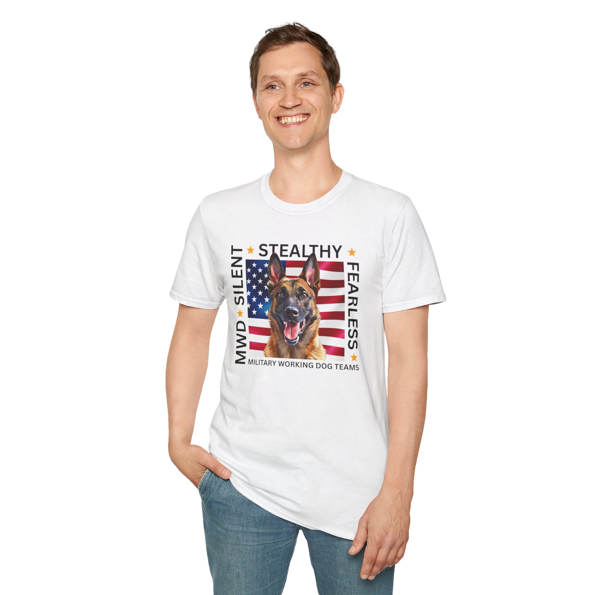 Military Working Dog T-Shirt — "MWD Silent • Stealthy • Fearless" American Flag K9 Tribute - Belgian Malinois - Image 3