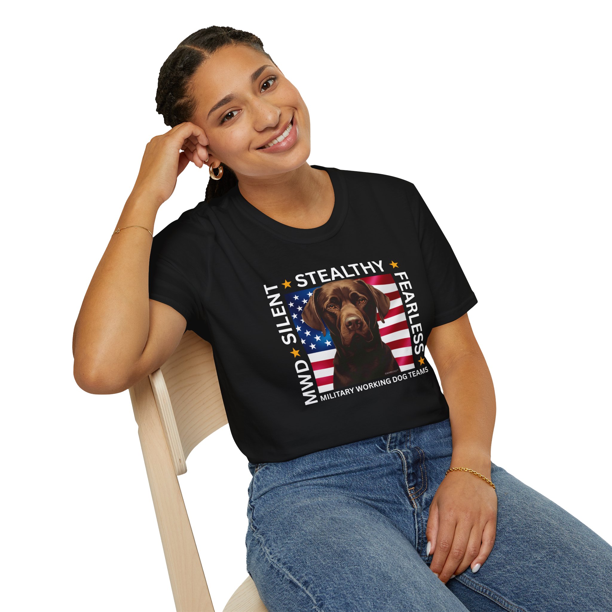 Military Working Dog T-Shirt — "MWD Silent • Stealthy • Fearless" American Flag K9 Tribute - Chocolate Lab - Image 8