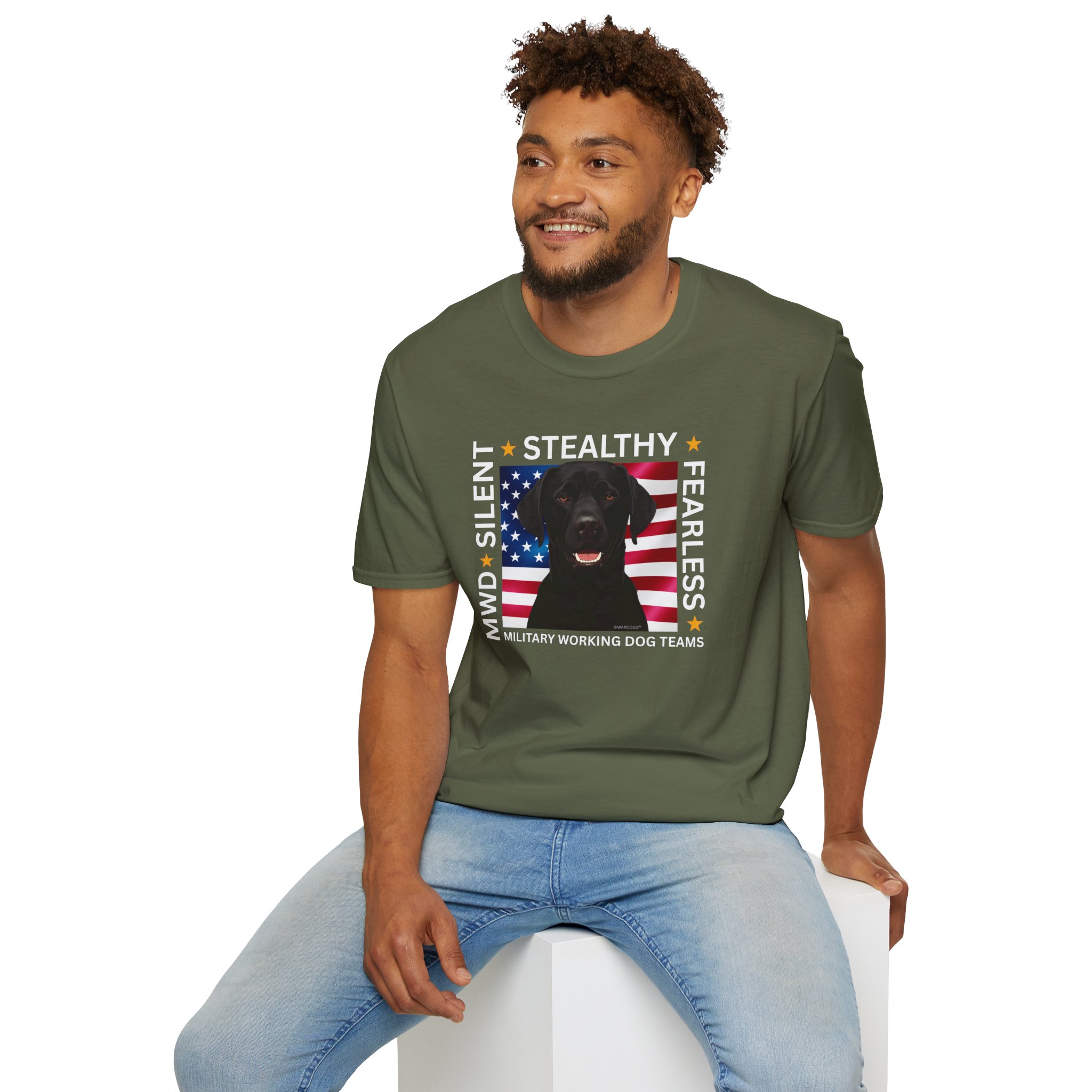 Military Working Dog T-Shirt — "MWD Silent • Stealthy • Fearless" American Flag K9 Tribute - Black Lab - Image 11