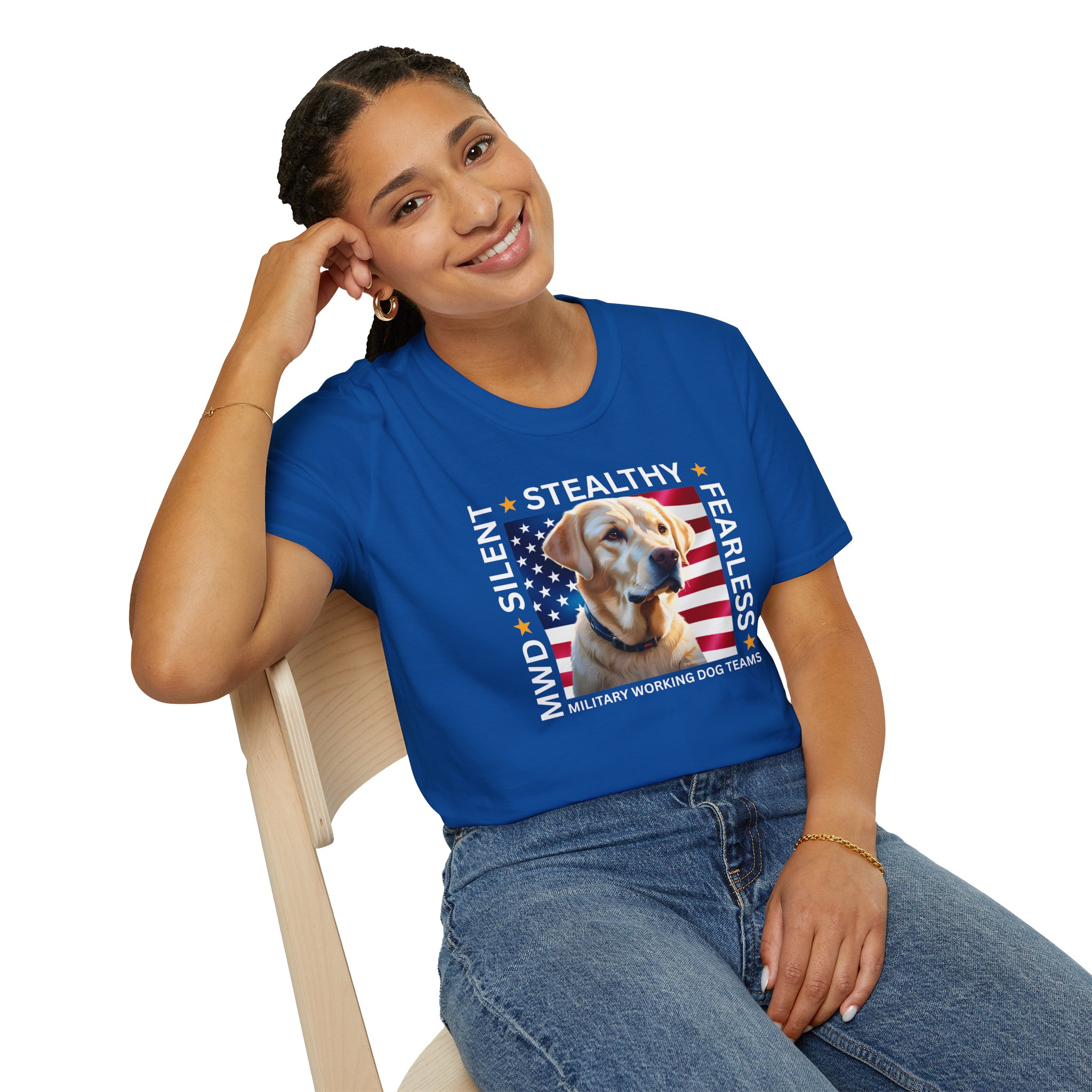 Copy of Military Working Dog T-Shirt — "MWD Silent • Stealthy • Fearless" American Flag K9 Tribute - Yellow Lab - Image 4