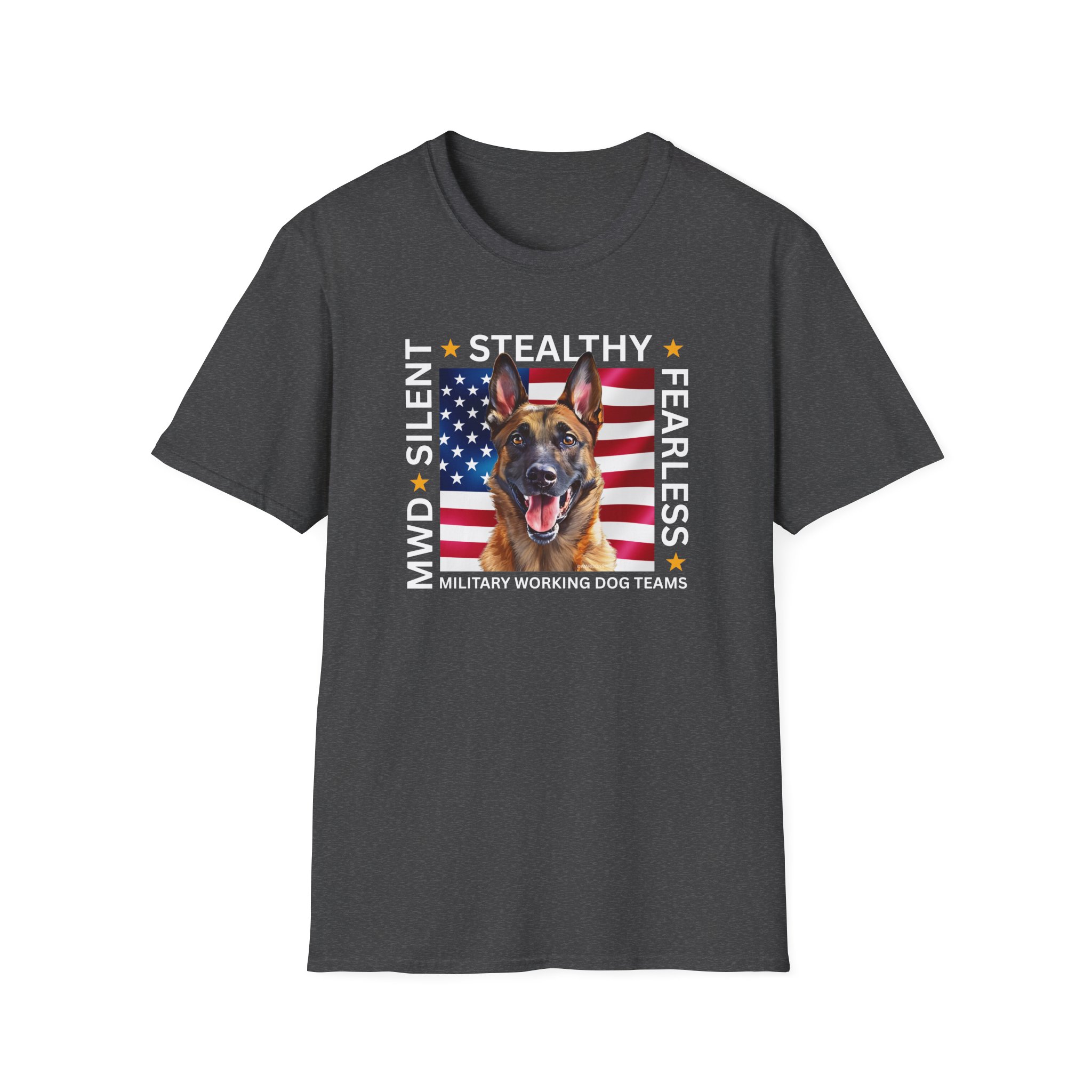 Military Working Dog T-Shirt — "MWD Silent • Stealthy • Fearless" American Flag K9 Tribute - Belgian Malinois - Image 9