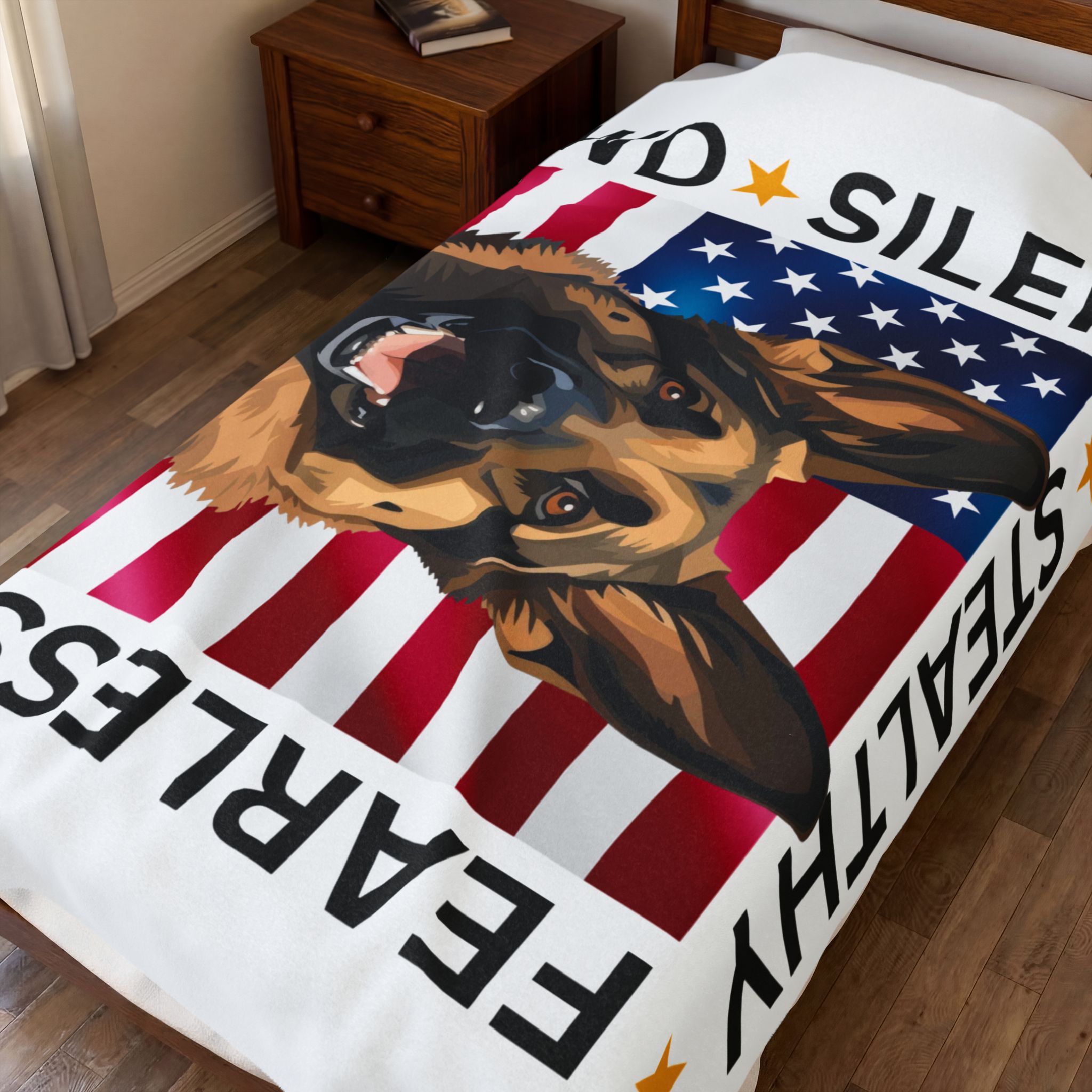 Copy of Velveteen Plush Blanket — Military Working Dog K9 Design with American Flag ("Silent, Stealthy, Fearless") - Image 5