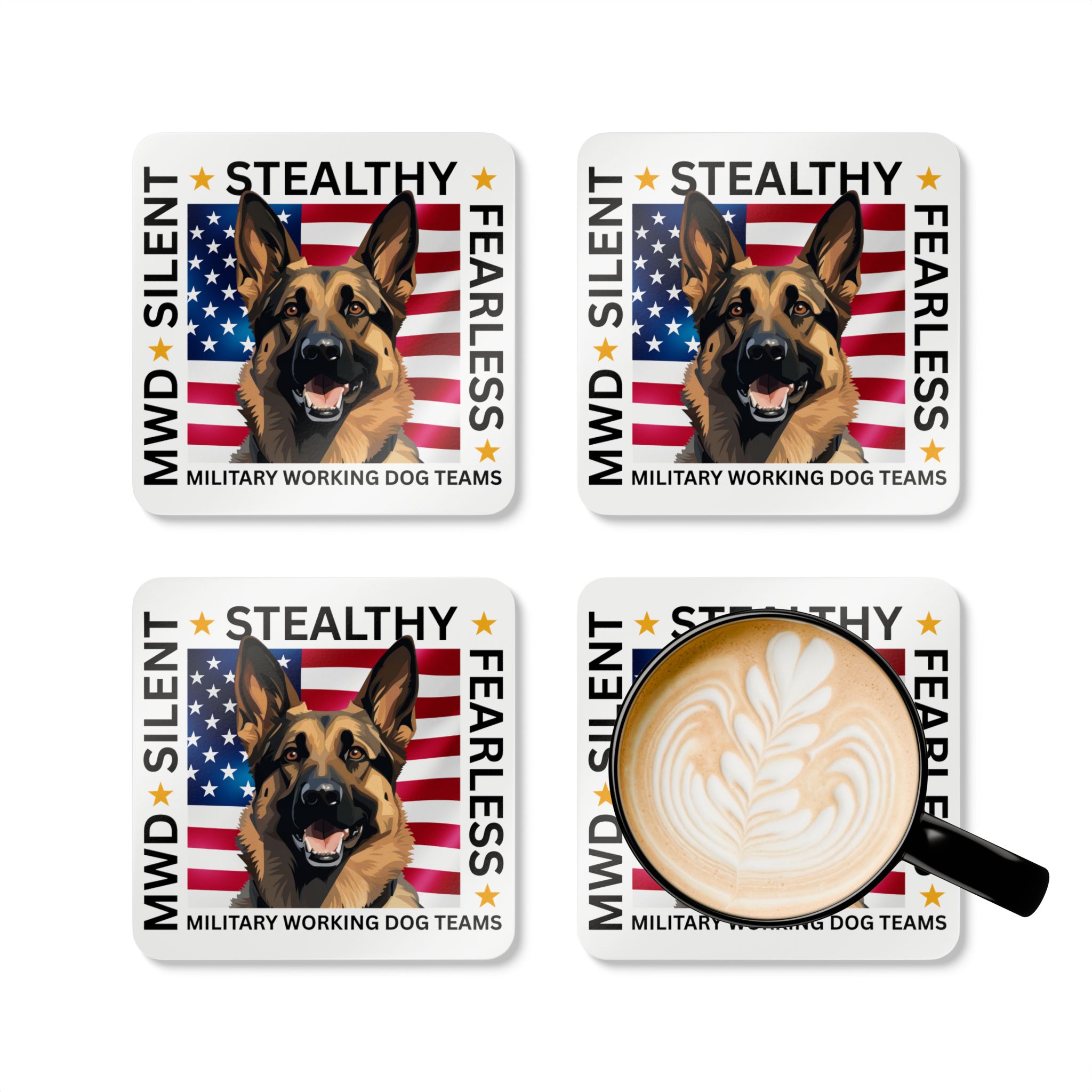 Military Working Dog Coaster Set — American Flag German Shepherd Cork Coasters - Set of Four - Image 5