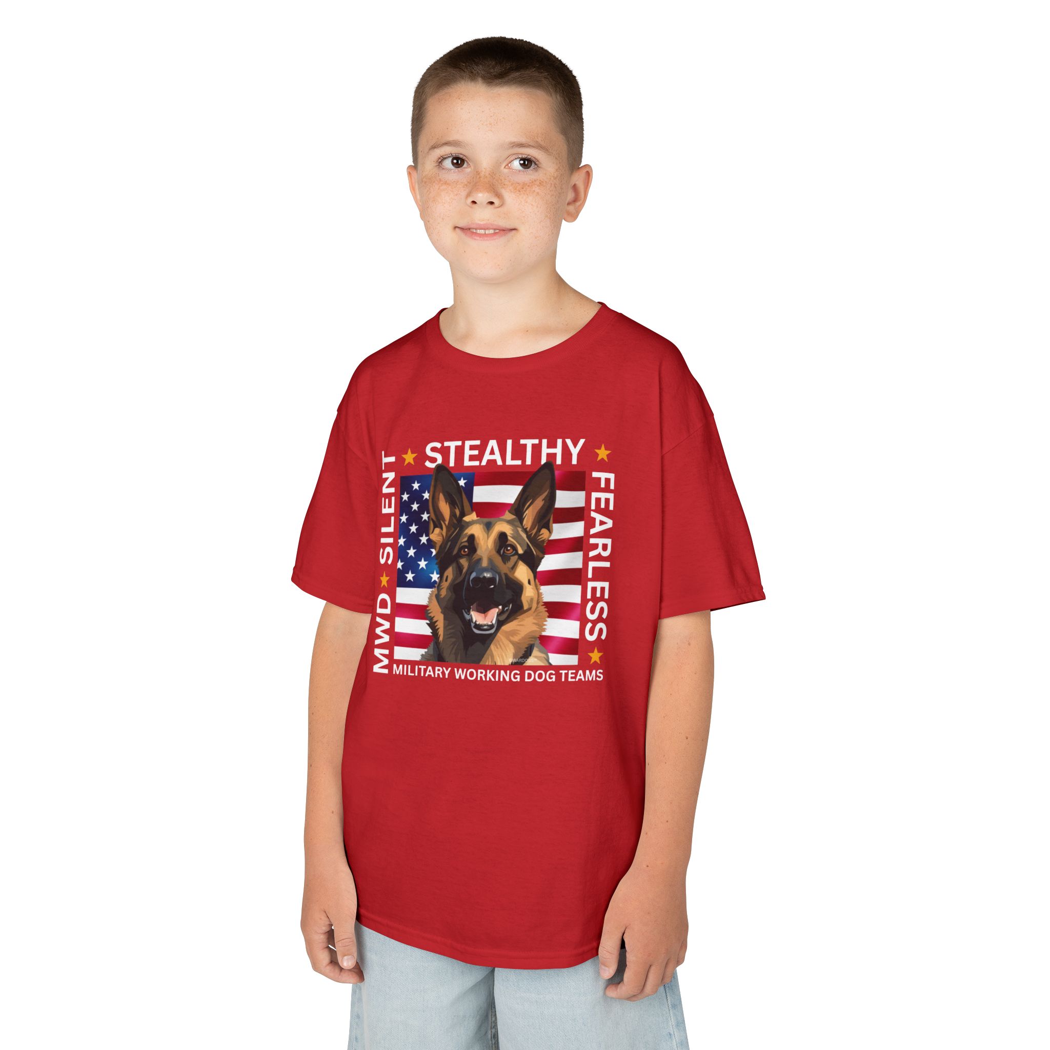 Kids Military Working Dog Tee — "Silent • Stealthy • Fearless" American Flag K9 Shirt - Image 27