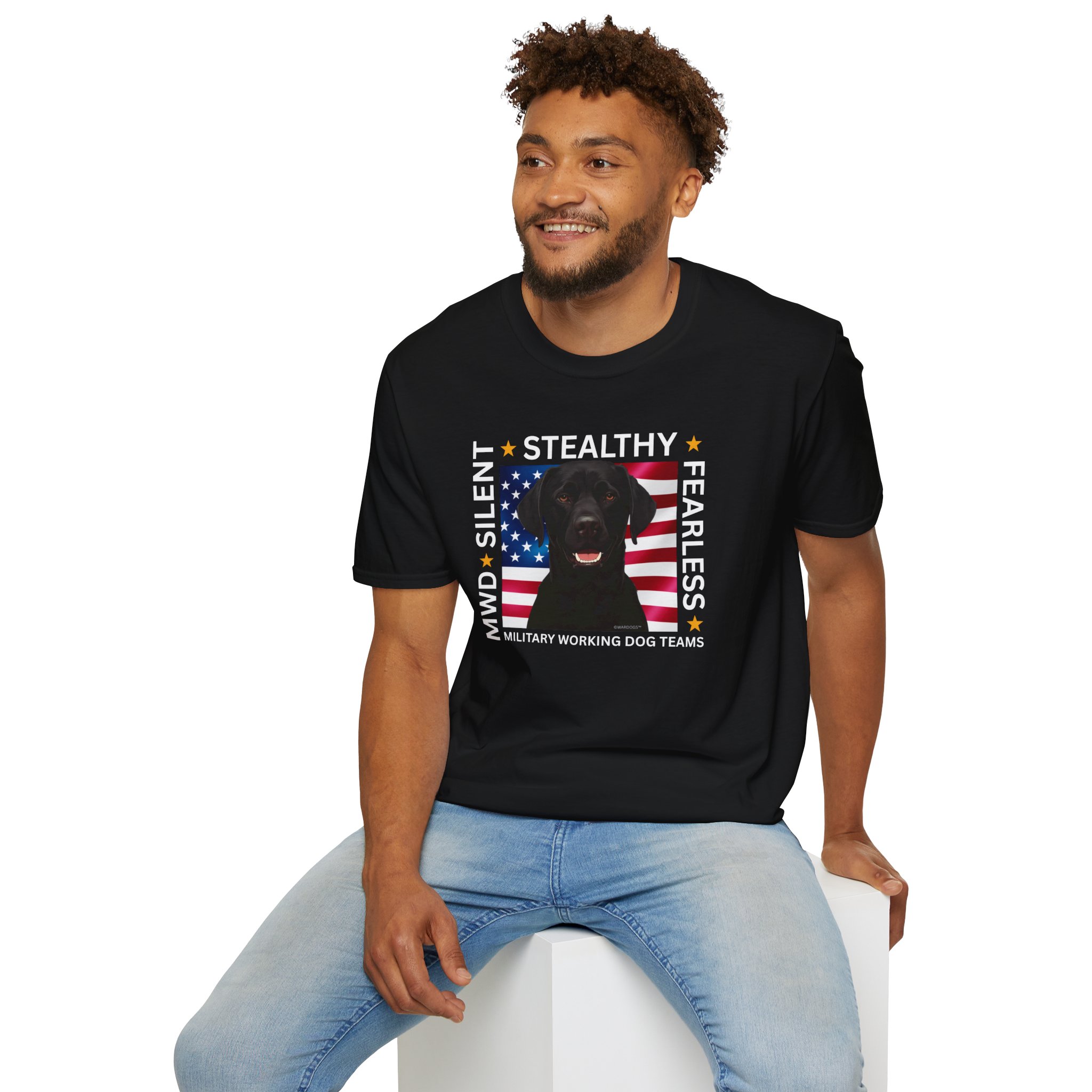 Military Working Dog T-Shirt — "MWD Silent • Stealthy • Fearless" American Flag K9 Tribute - Black Lab - Image 7