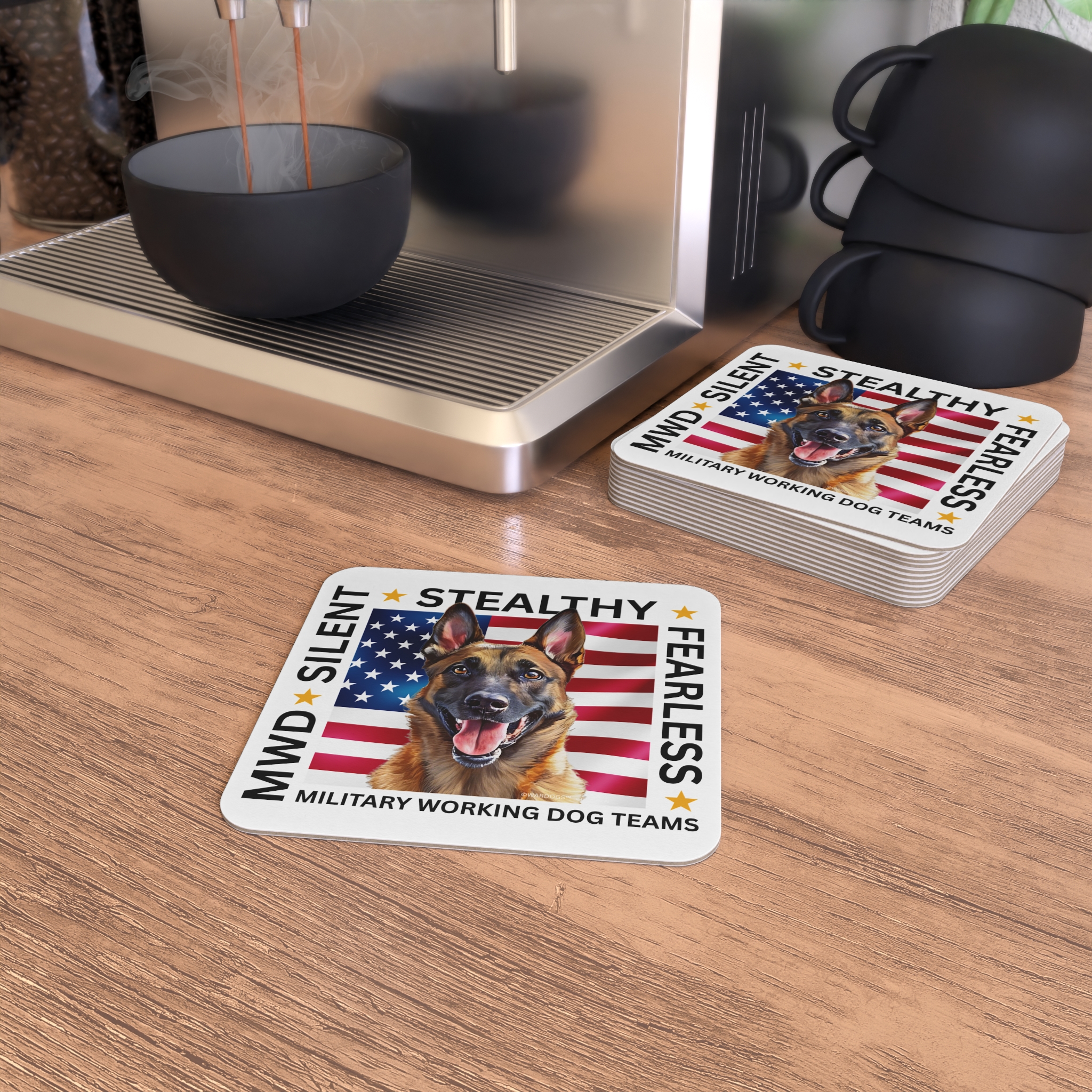 Military Working Dog Belgian Malinois — 'Silent • Stealthy • Fearless' American Flag K9 Drink Coasters (Set of 50/100) - Image 4