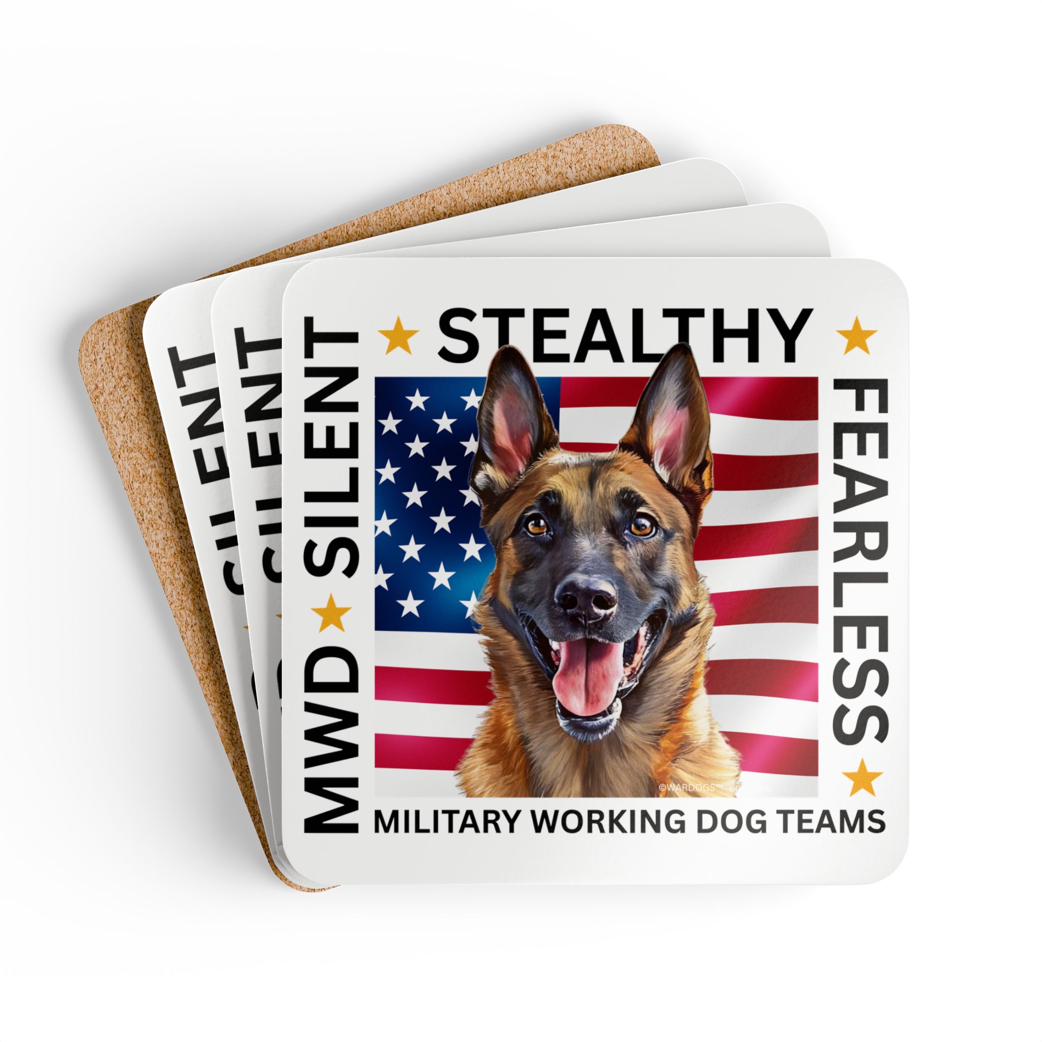 Military Working Dog Coaster Set – Malinois ‘Silent, Stealthy, Fearless’ Cork Drink Coasters - Set of Four - Image 6