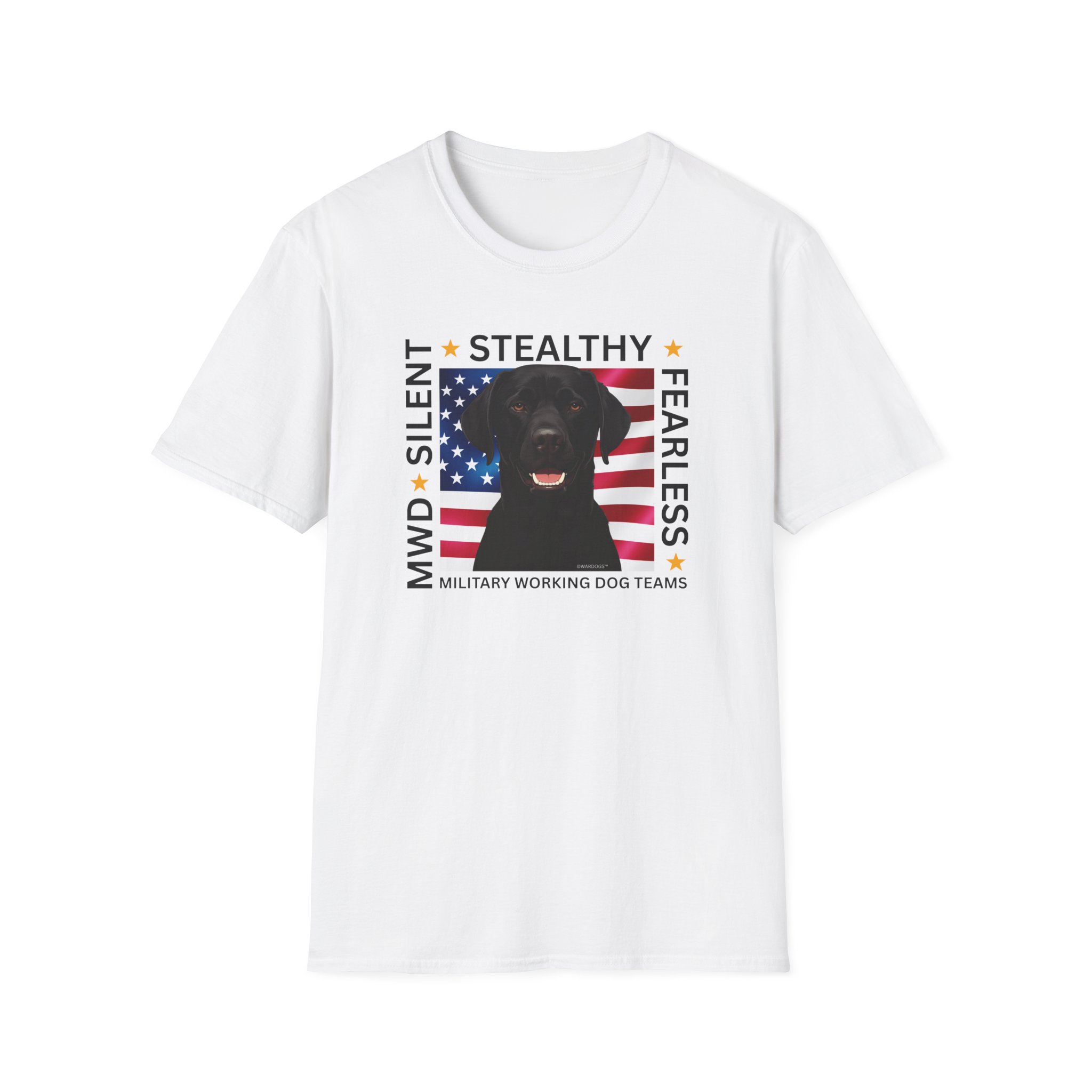 Military Working Dog T-Shirt — "MWD Silent • Stealthy • Fearless" American Flag K9 Tribute - Black Lab - Image 5